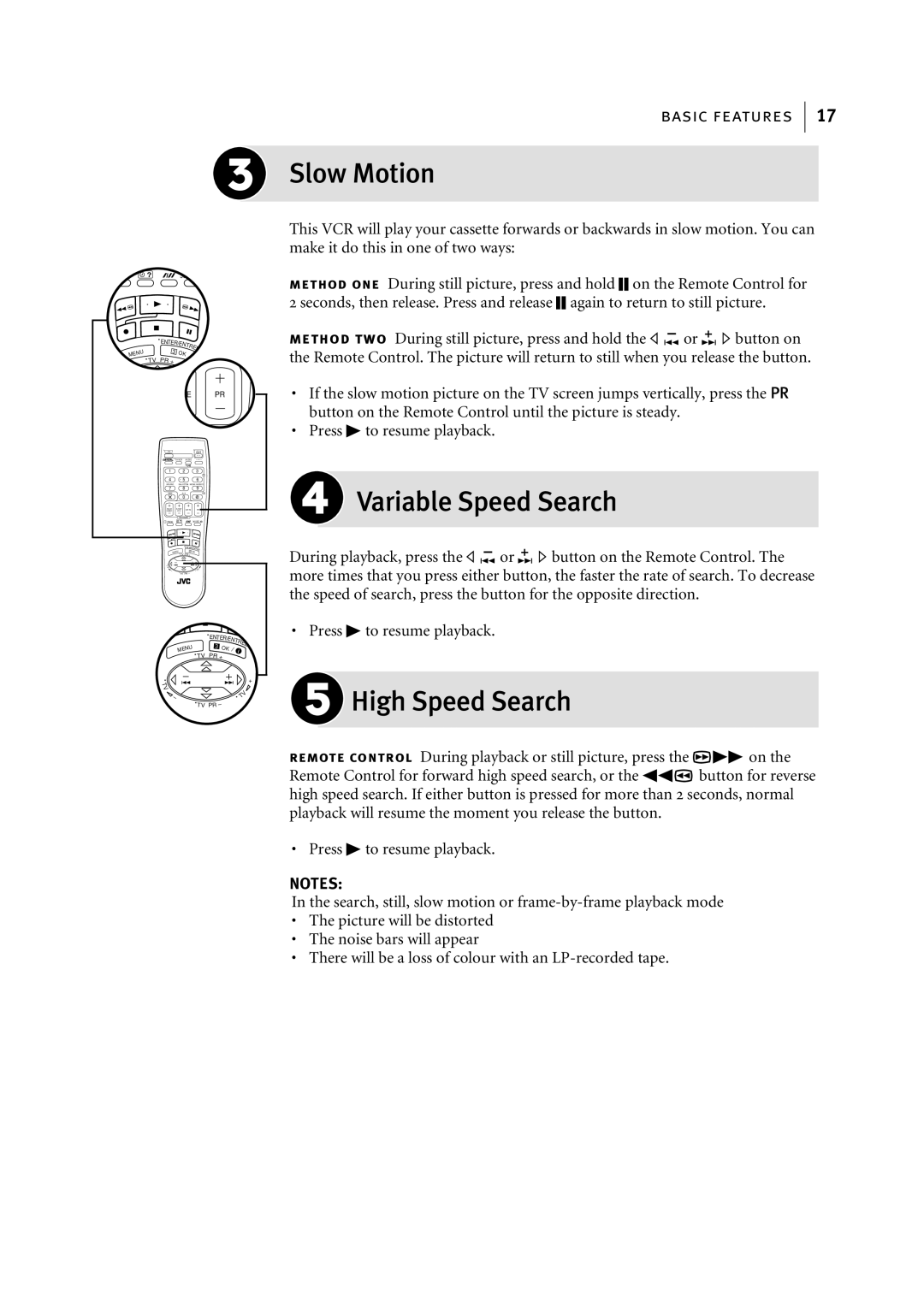 JVC HR-S5955EK, HR-S5956EK manual Slow Motion, Variable Speed Search, High Speed Search 