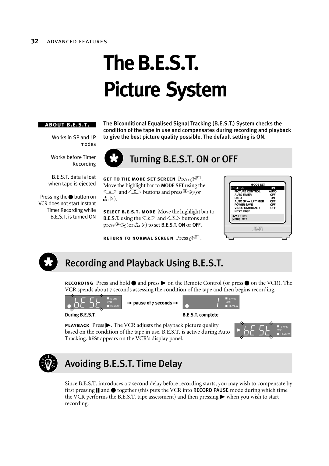 JVC HR-S5956EK, HR-S5955EK Turning B.E.S.T. on or OFF, Recording and Playback Using B.E.S.T, Avoiding B.E.S.T. Time Delay 