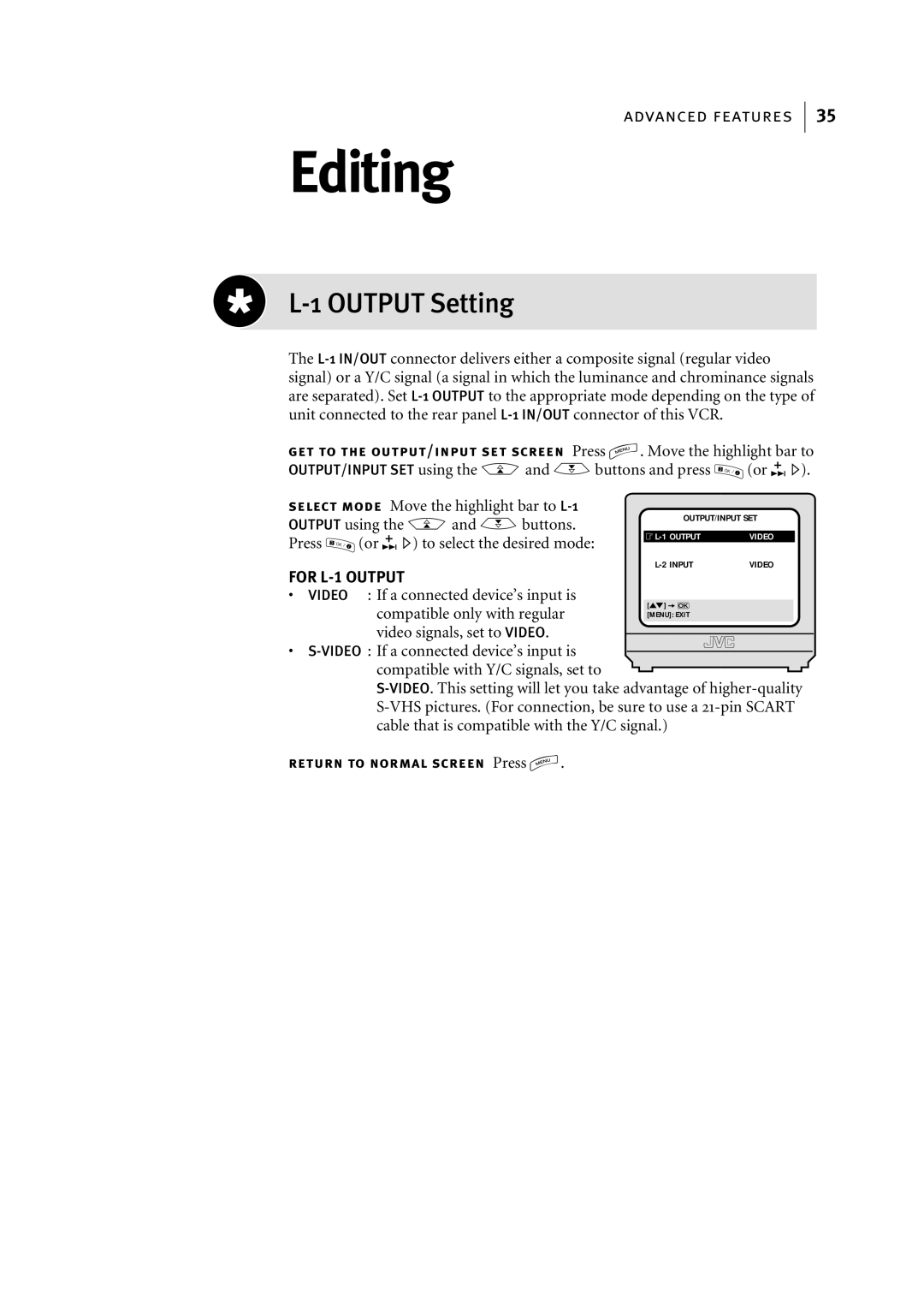 JVC HR-S5955EK, HR-S5956EK manual Editing, Output Setting 