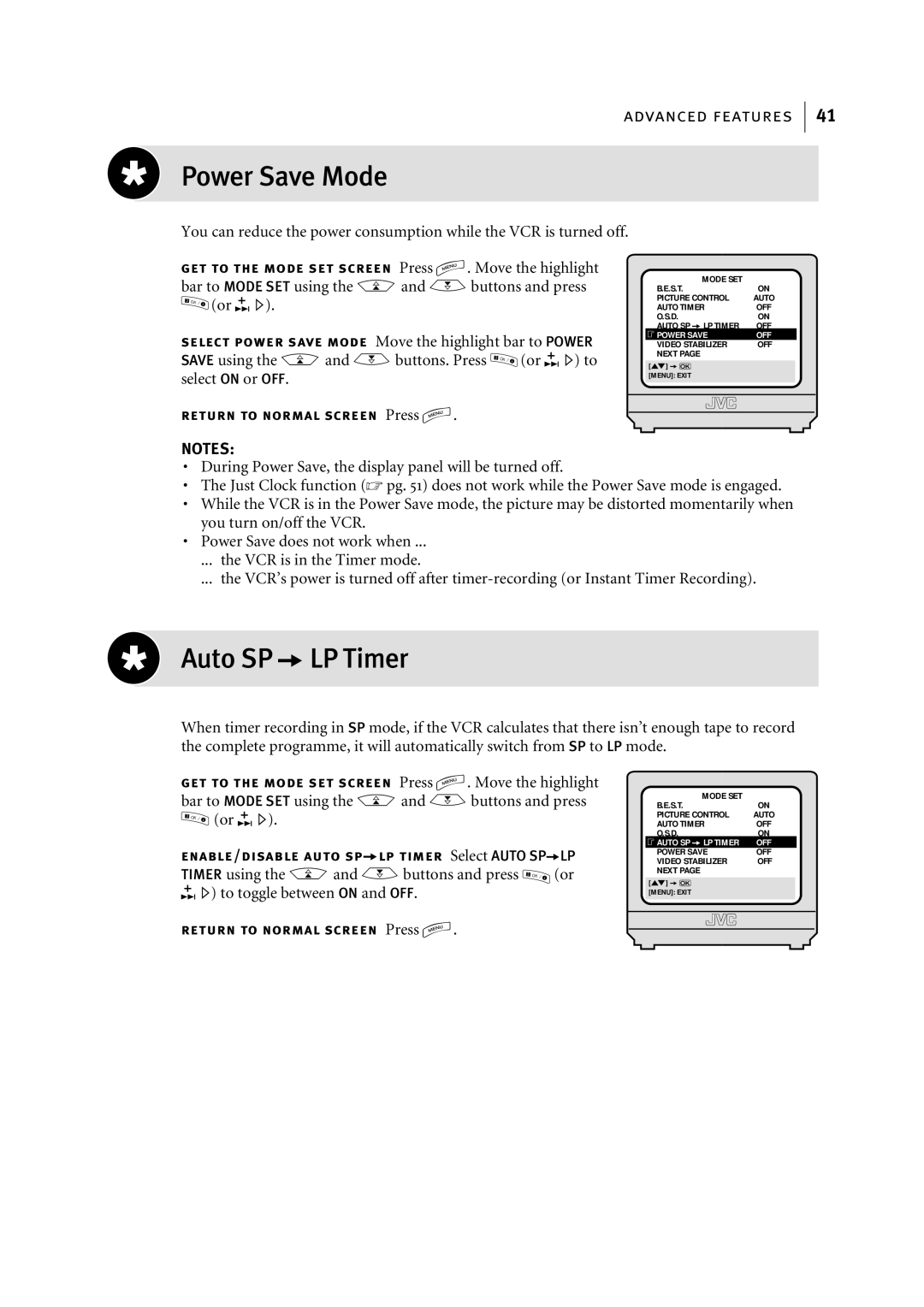 JVC HR-S5955EK, HR-S5956EK manual Power Save Mode, Auto SP aLP Timer 