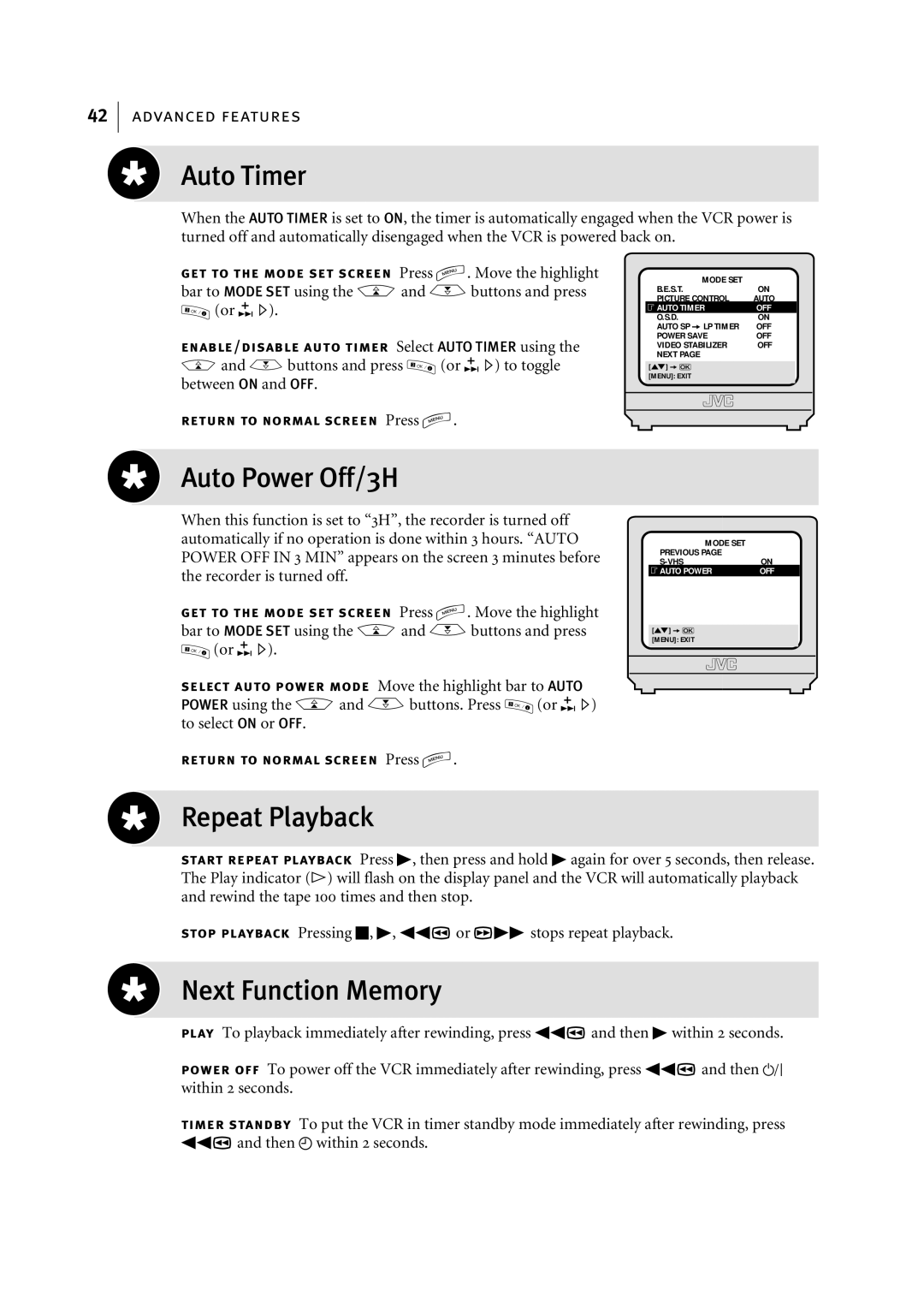 JVC HR-S5956EK, HR-S5955EK manual Auto Timer, Auto Power Off/3H, Repeat Playback, Next Function Memory 