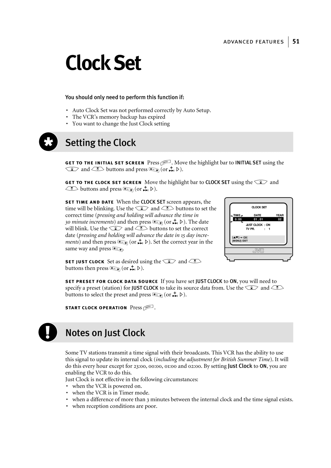 JVC HR-S5955EK, HR-S5956EK Clock Set, Setting the Clock, Or E. The date, Or E. Set the correct year, Same way and press 