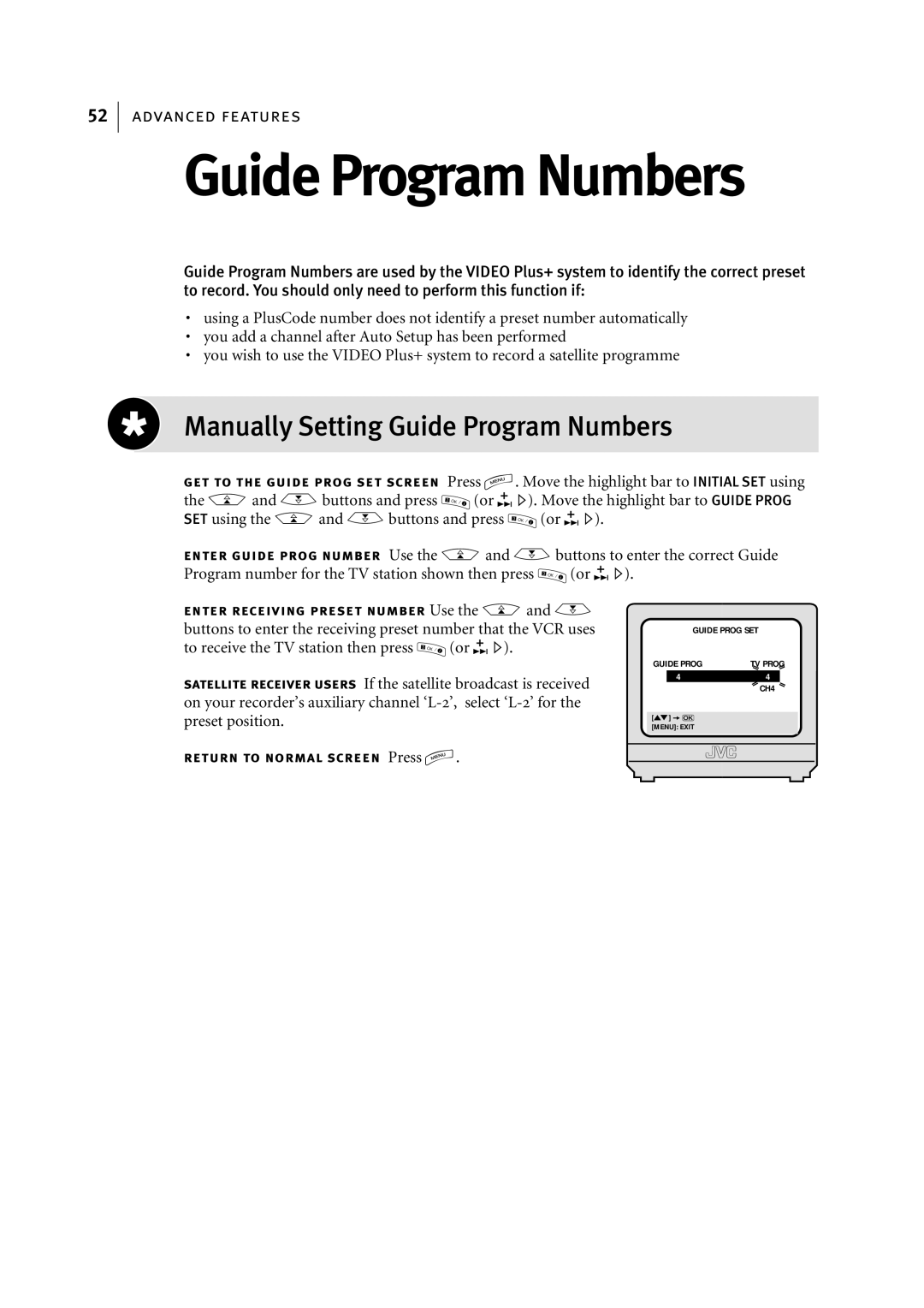 JVC HR-S5956EK, HR-S5955EK manual Manually Setting Guide Program Numbers, To receive the TV station then press Or E 