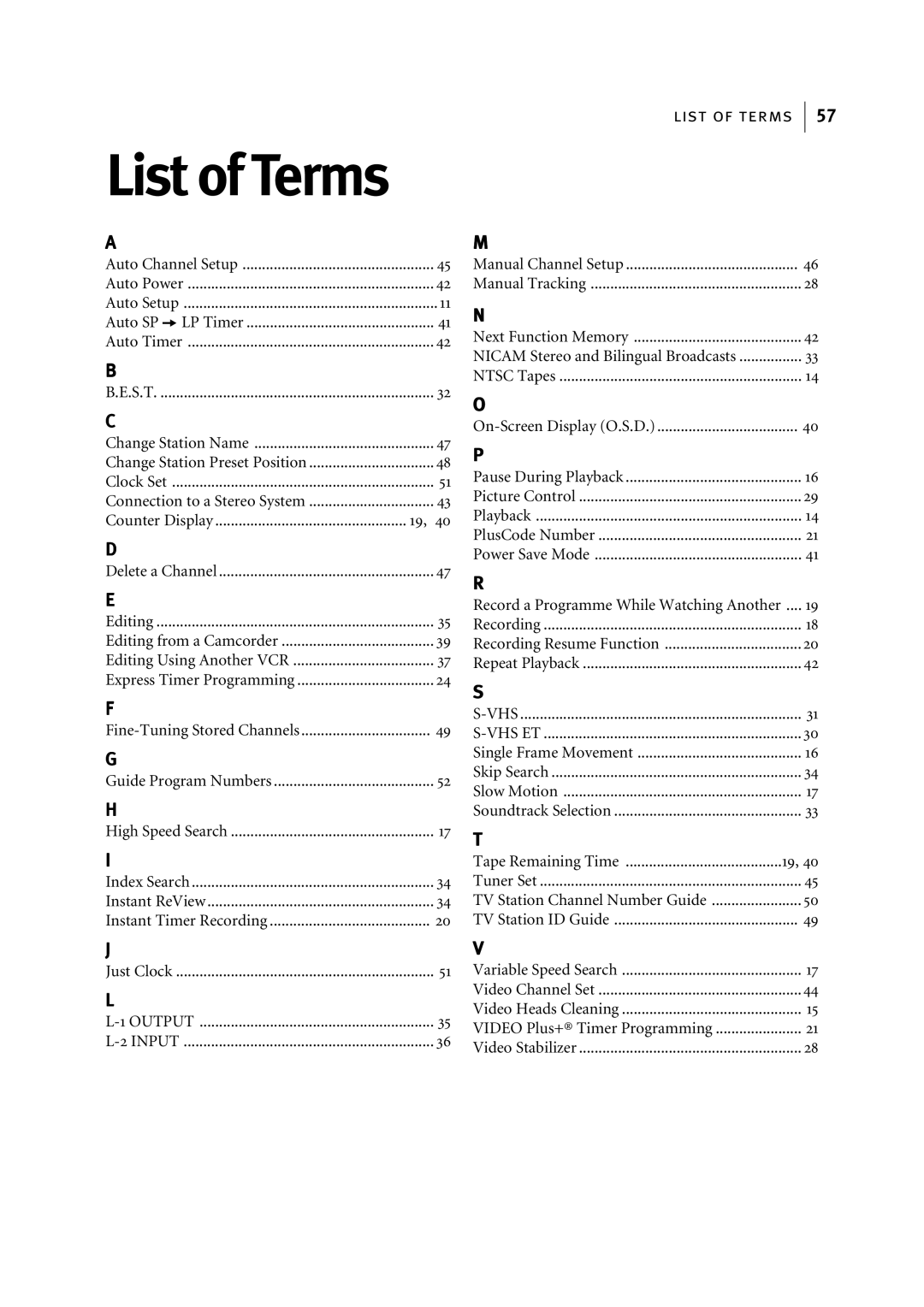 JVC HR-S5955EK, HR-S5956EK manual List of Terms, Record a Programme While Watching Another 