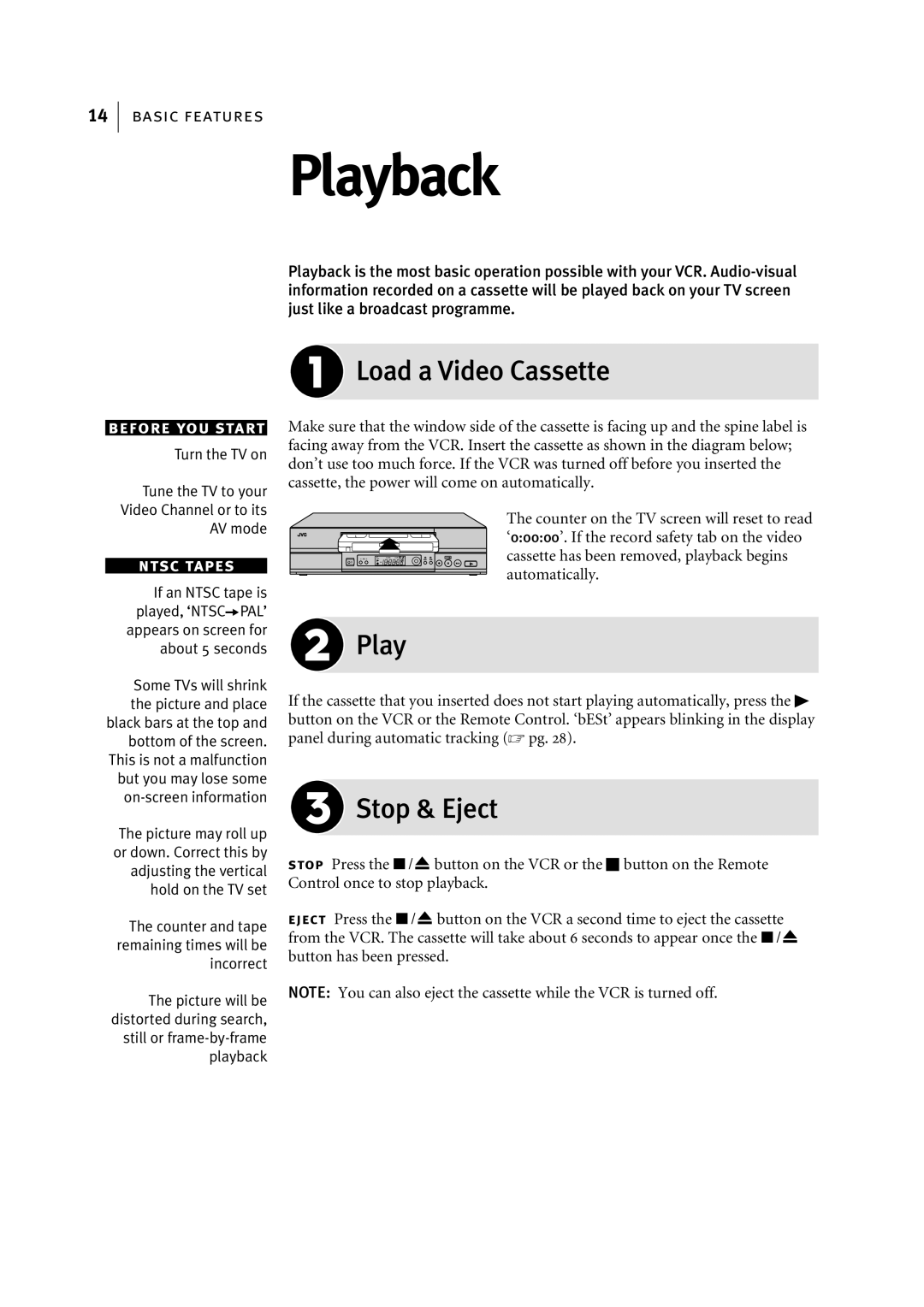 JVC HR-S5967EK, LPT0768-001B manual Playback, Load a Video Cassette, Stop & Eject 