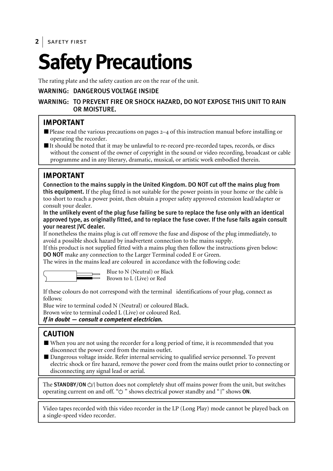 JVC HR-S5967EK, LPT0768-001B manual Safety Precautions, If in doubt consult a competent electrician 