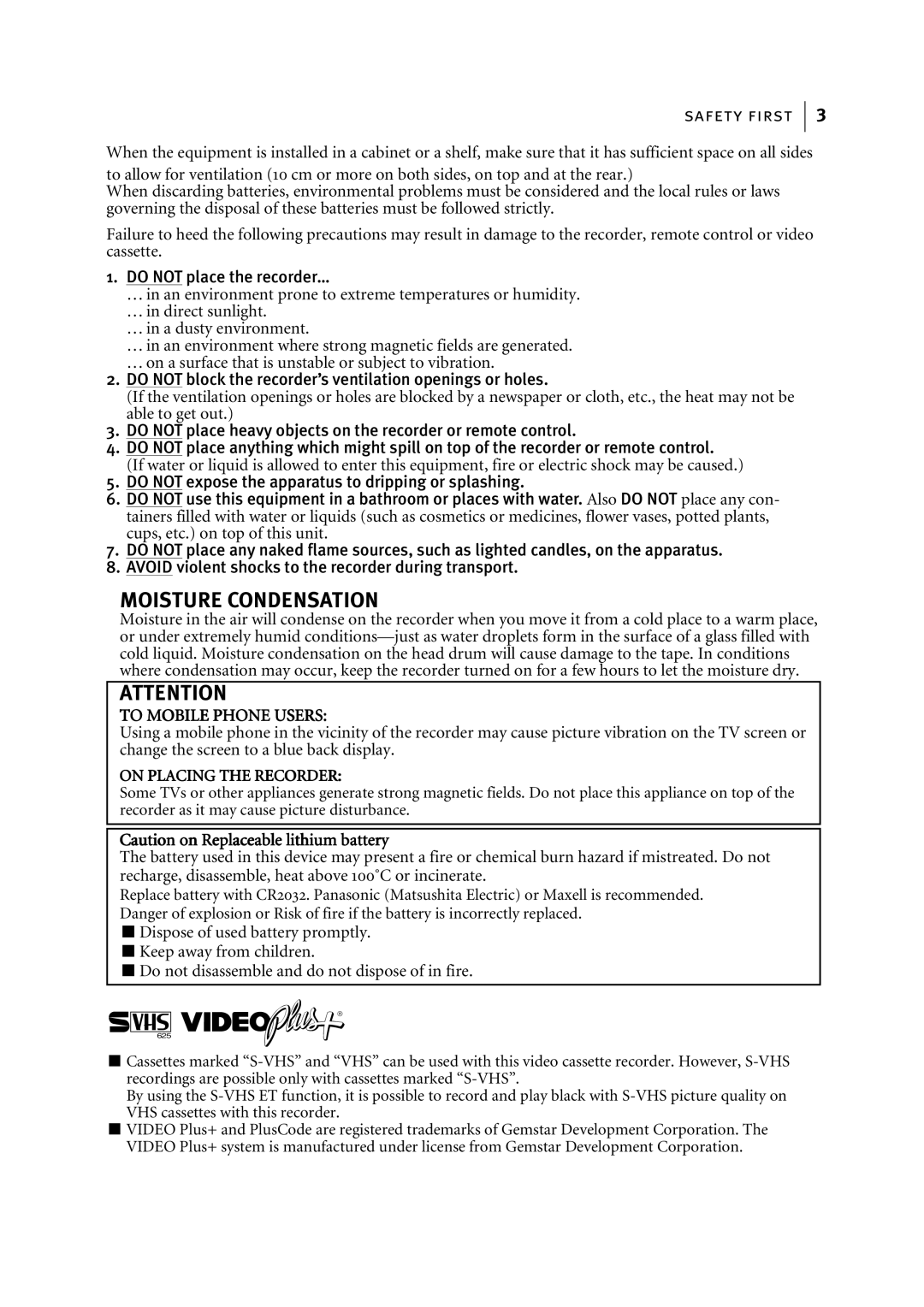 JVC LPT0768-001B, HR-S5967EK manual Moisture Condensation 