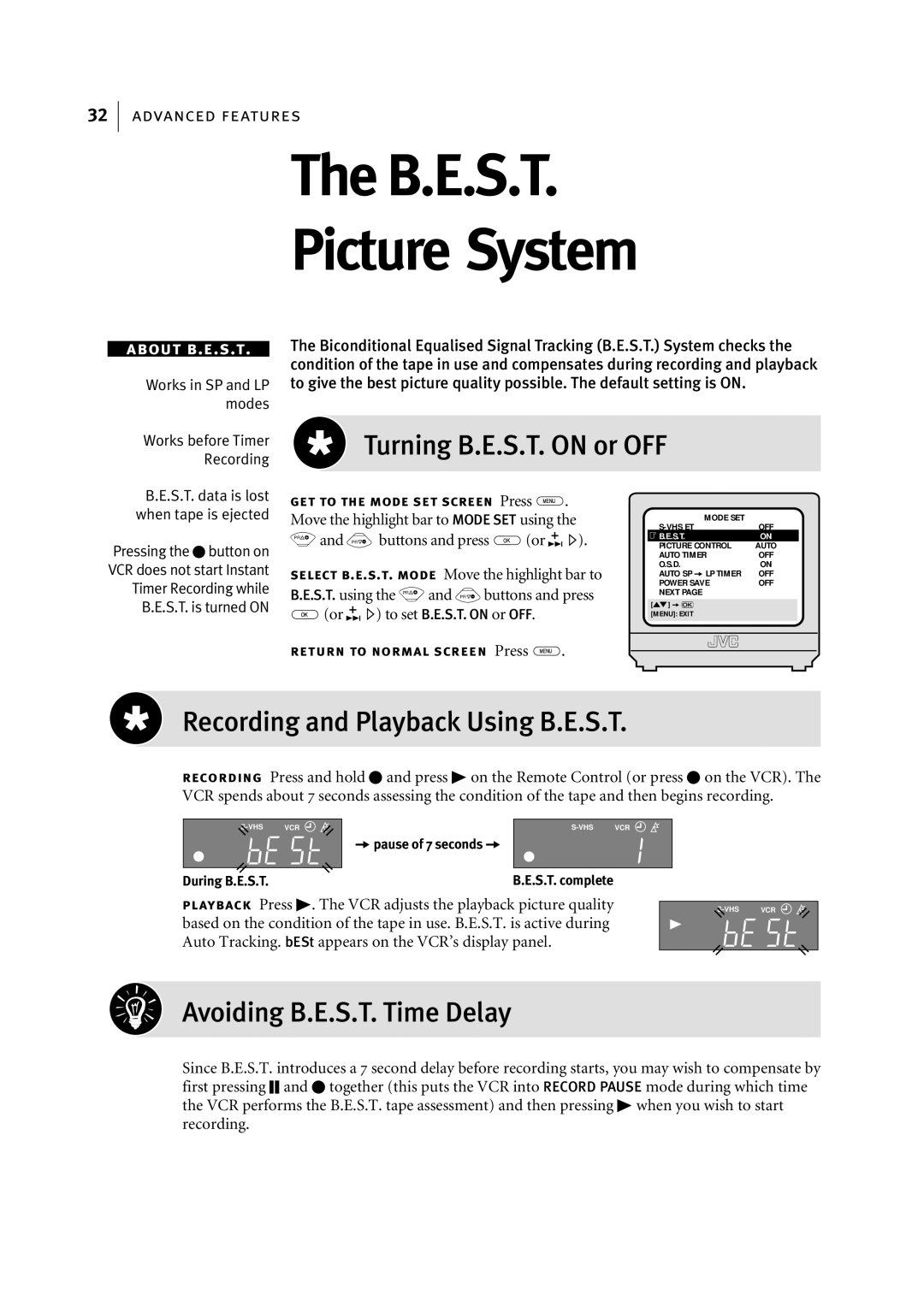 JVC HR-S5967EK manual Turning B.E.S.T. on or OFF, Recording and Playback Using B.E.S.T, Avoiding B.E.S.T. Time Delay 