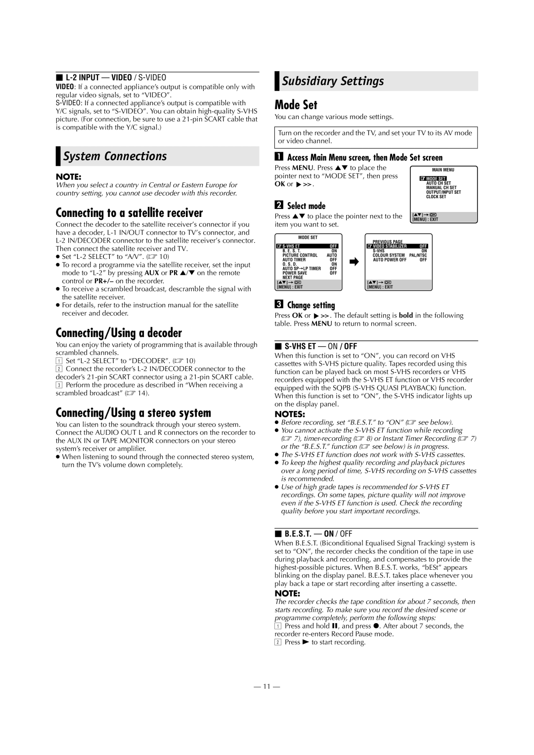 JVC HR-S5972E, HR-S5970E, HR-S5971E specifications System Connections, Subsidiary Settings 