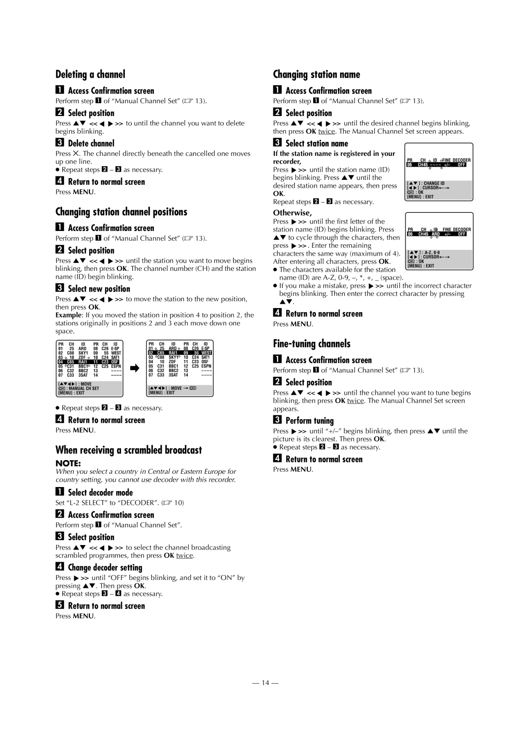 JVC HR-S5972E, HR-S5970E Deleting a channel, Changing station channel positions, When receiving a scrambled broadcast 