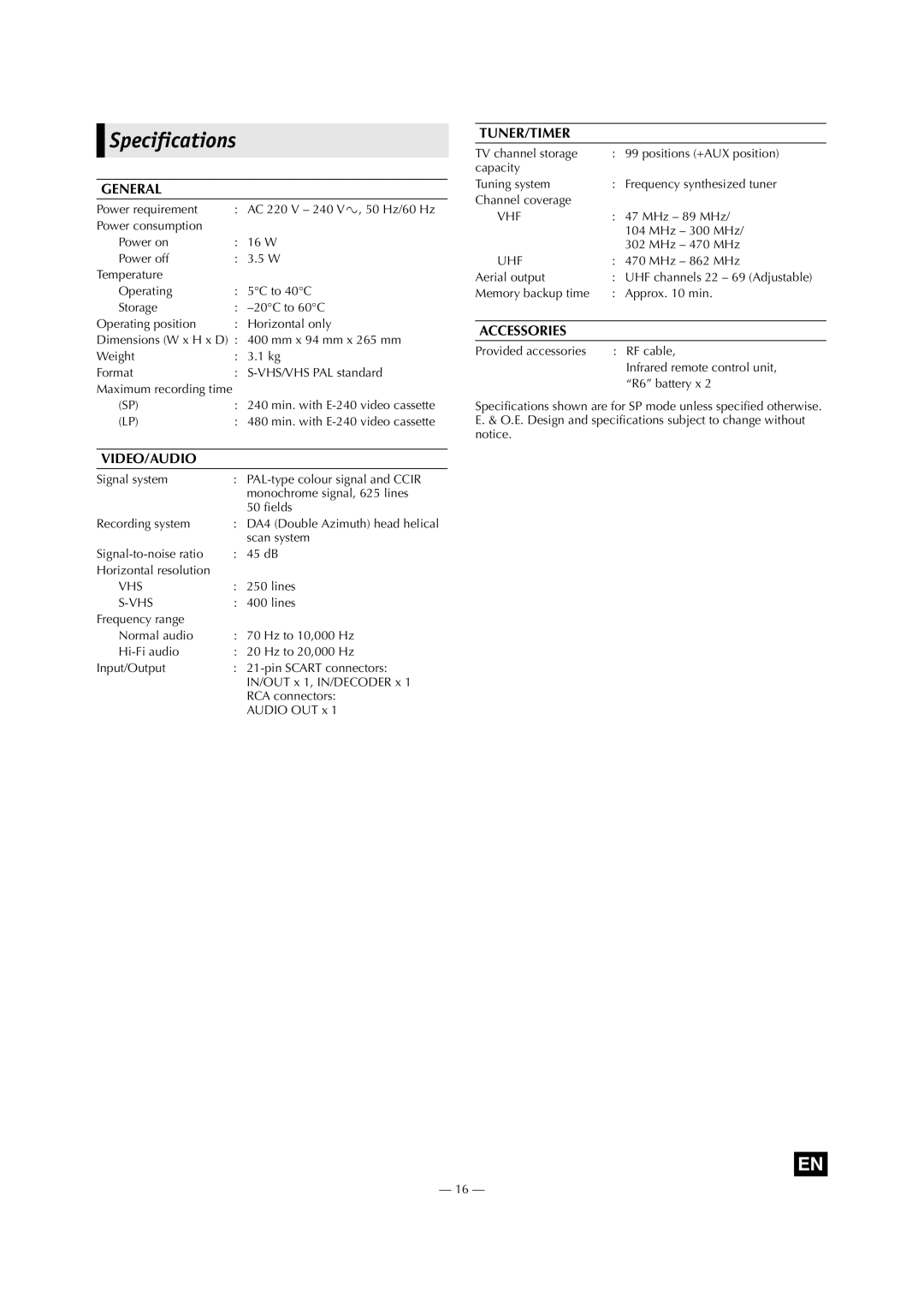 JVC HR-S5971E, HR-S5970E, HR-S5972E specifications Specifications, General 