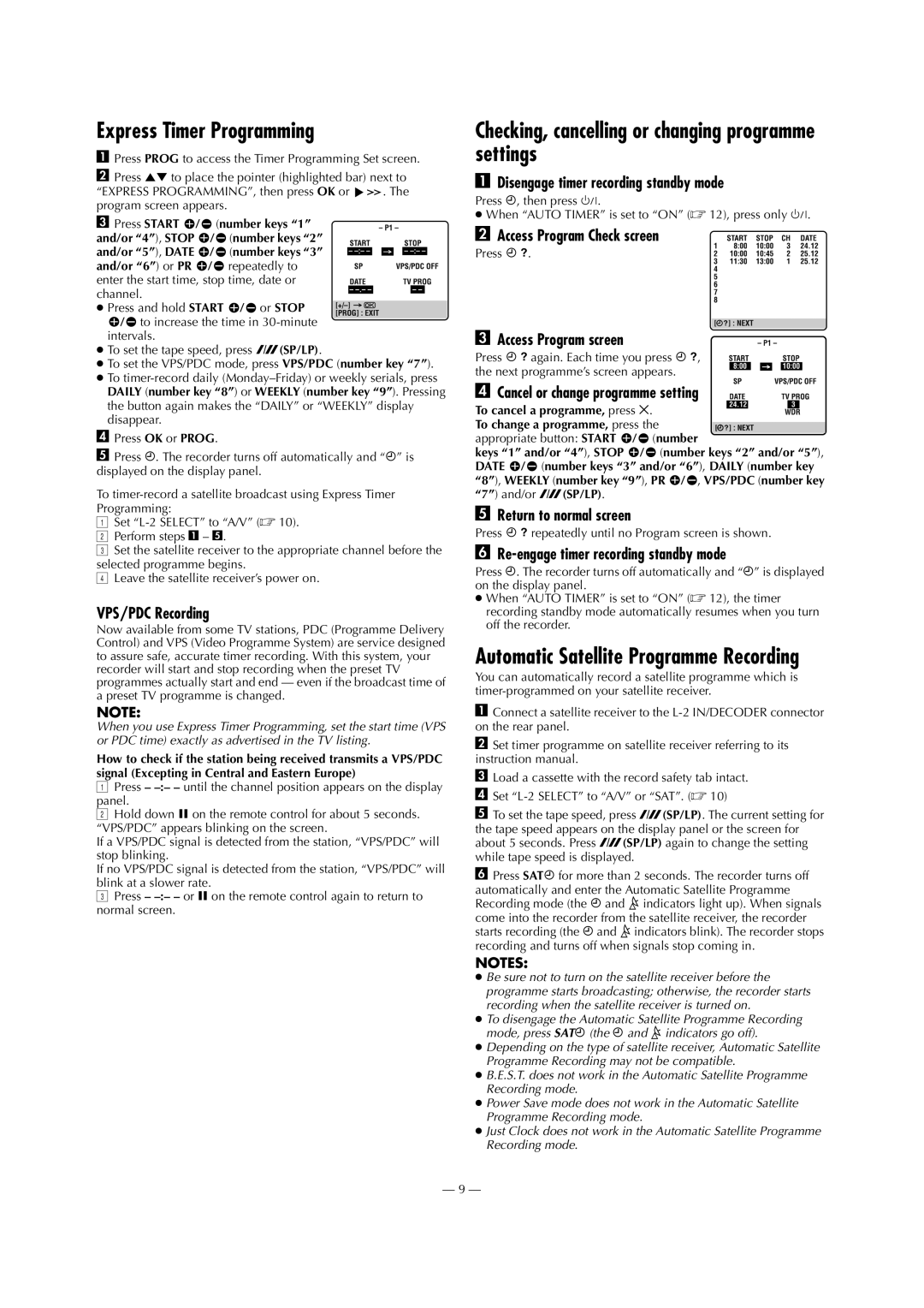 JVC HR-S5970E, HR-S5971E, HR-S5972E Express Timer Programming, Checking, cancelling or changing programme settings 