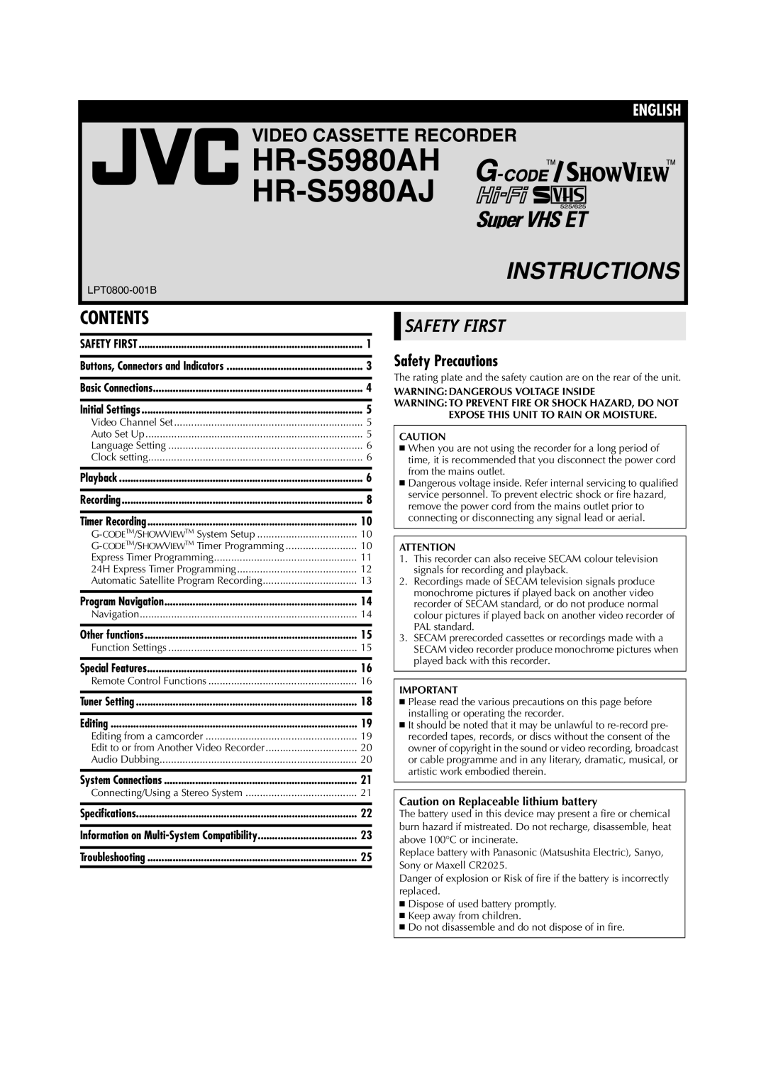 JVC LPT0800-001B specifications HR-S5980AH HR-S5980AJ 