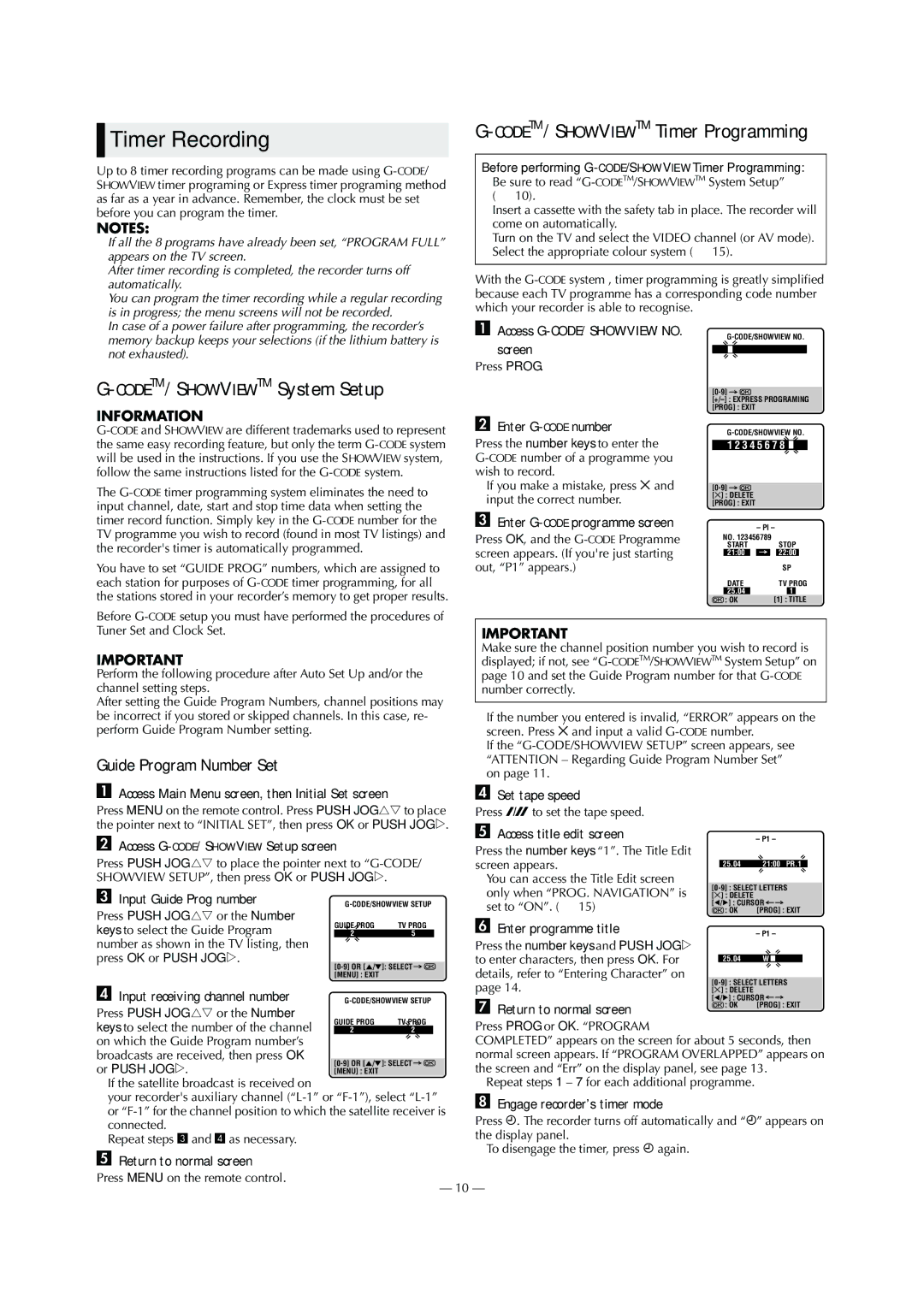 JVC HR-S5980AJ, HR-S5980AH, LPT0800-001B specifications Timer Recording, Guide Program Number Set 