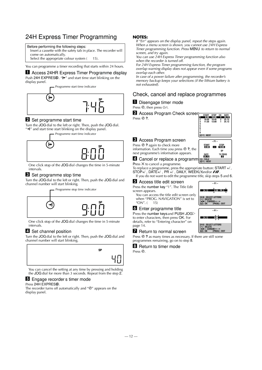 JVC HR-S5980AH, HR-S5980AJ, LPT0800-001B specifications 24H Express Timer Programming, Check, cancel and replace programmes 