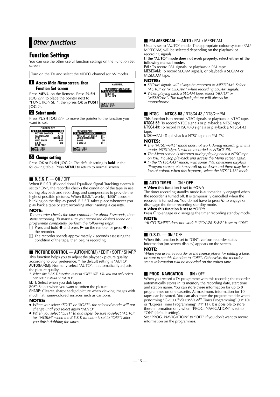 JVC HR-S5980AH, HR-S5980AJ Other functions, Function Settings, Function Set screen, Select mode, Change setting 