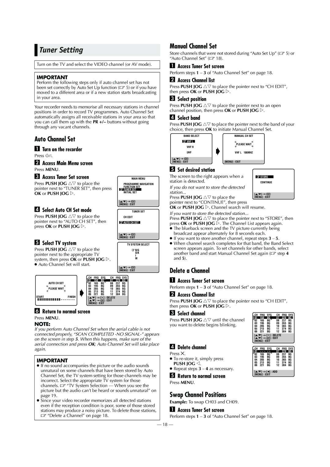 JVC HR-S5980AH, HR-S5980AJ Tuner Setting, Manual Channel Set, Auto Channel Set, Delete a Channel, Swap Channel Positions 