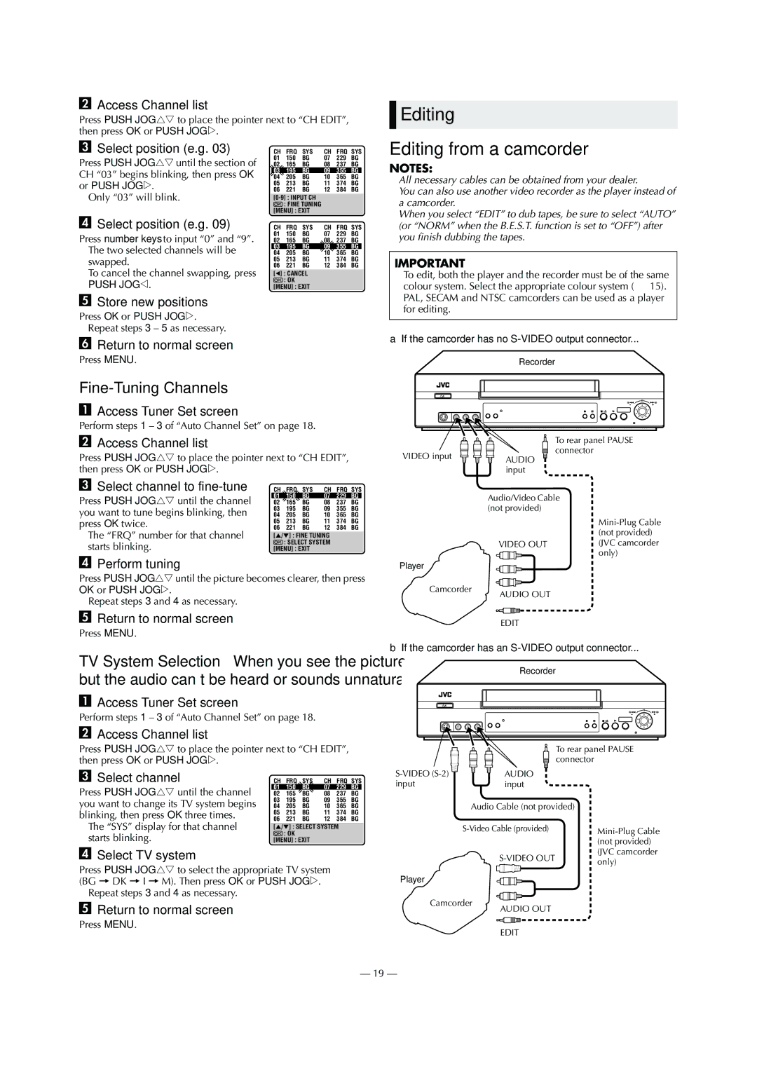 JVC HR-S5980AJ, HR-S5980AH, LPT0800-001B specifications Editing from a camcorder, Fine-Tuning Channels 