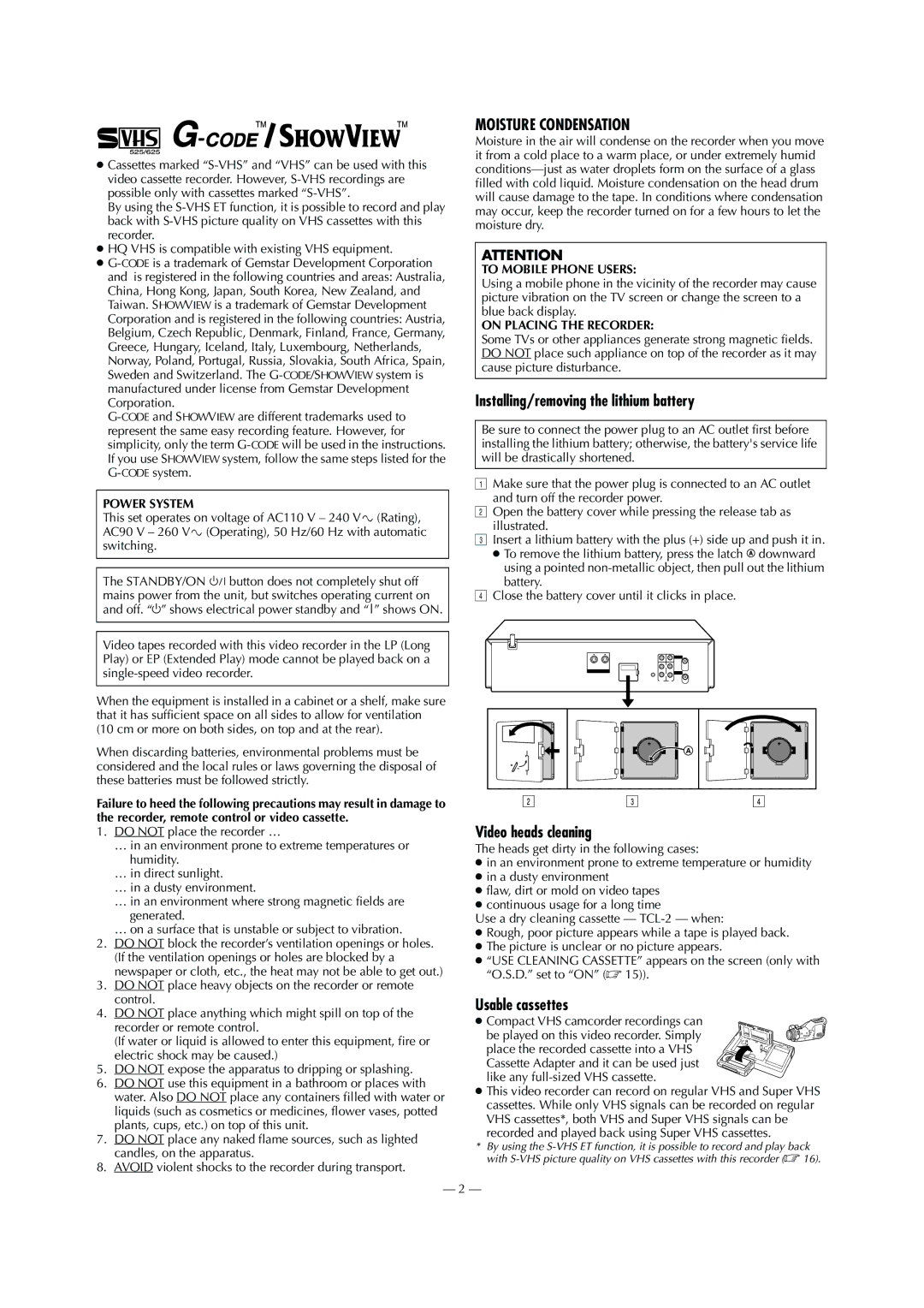 JVC LPT0800-001B, HR-S5980AH, HR-S5980AJ Installing/removing the lithium battery, Video heads cleaning, Usable cassettes 