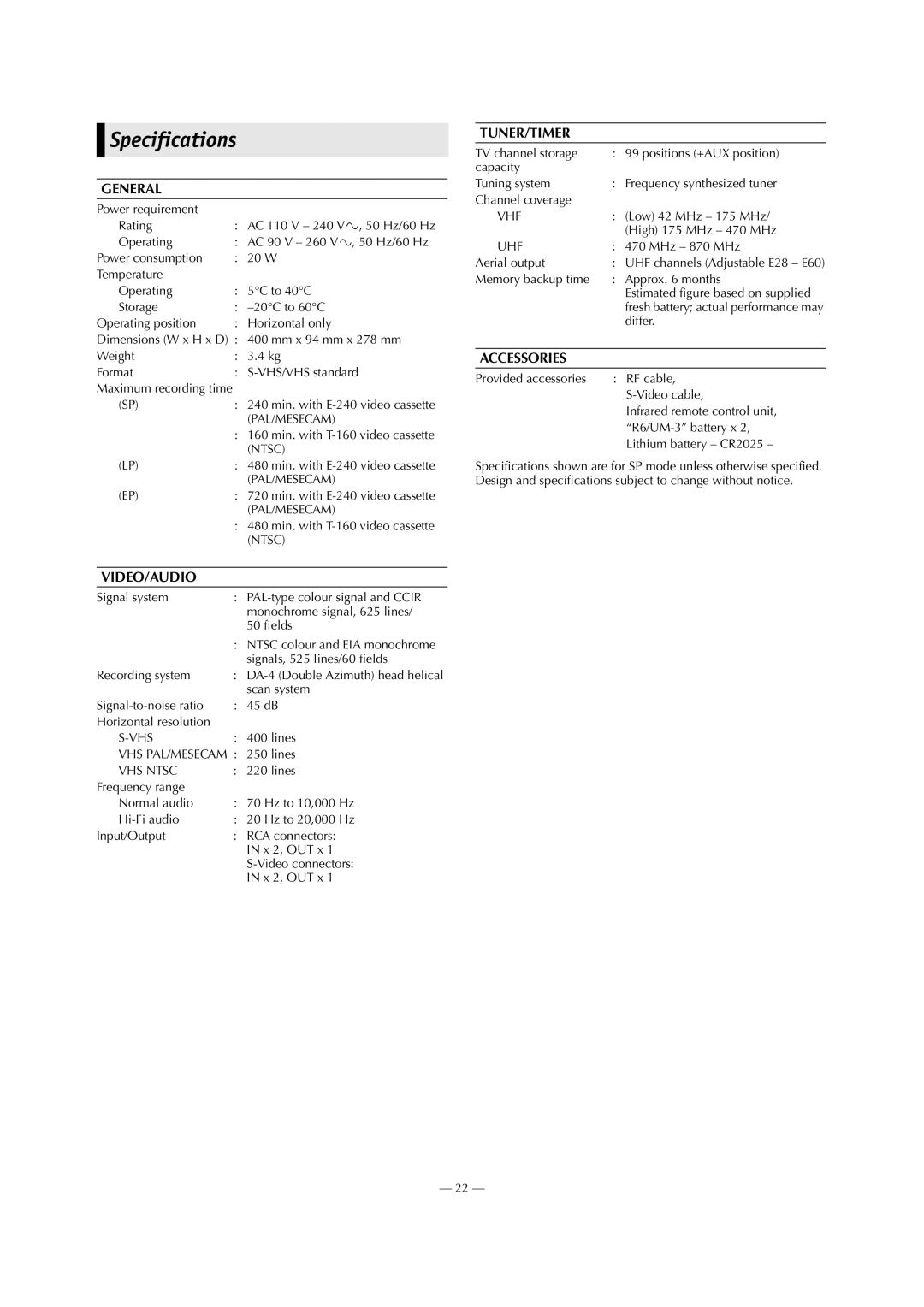 JVC HR-S5980AJ, HR-S5980AH, LPT0800-001B specifications Specifications 