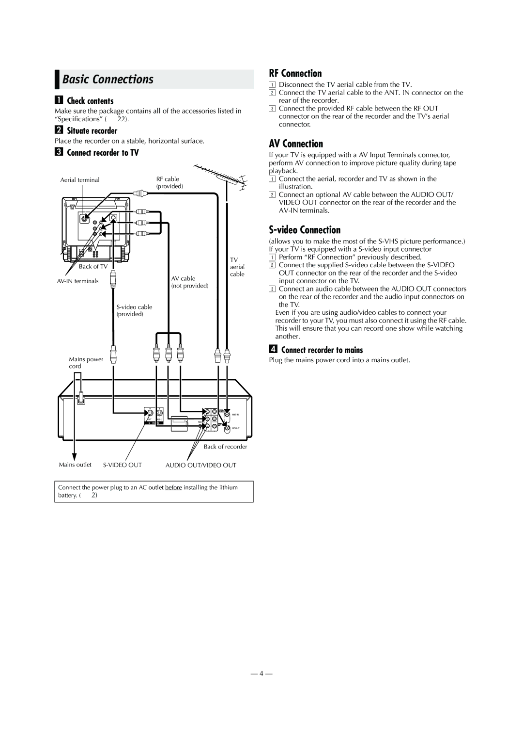 JVC HR-S5980AJ, HR-S5980AH, LPT0800-001B specifications Basic Connections, RF Connection, AV Connection, Video Connection 