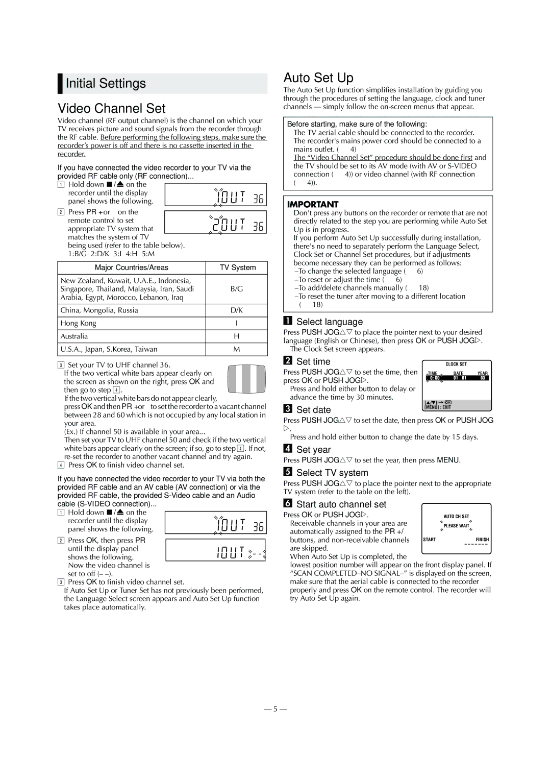 JVC LPT0800-001B, HR-S5980AH, HR-S5980AJ specifications Initial Settings, Video Channel Set, Auto Set Up 