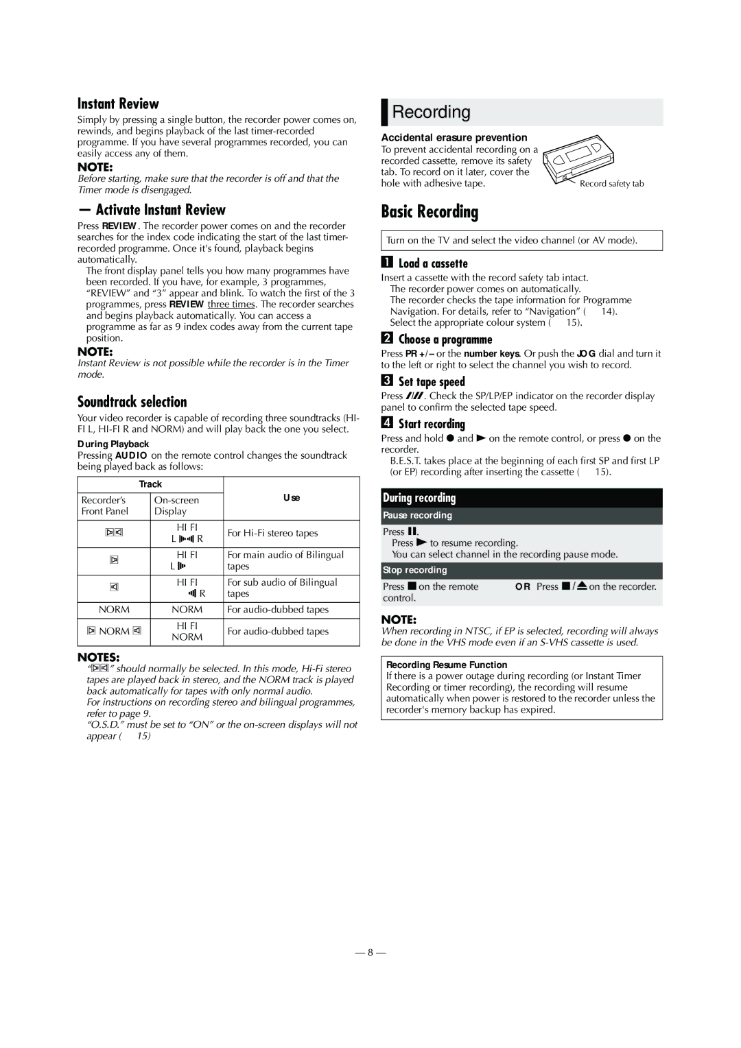 JVC LPT0800-001B, HR-S5980AH, HR-S5980AJ Basic Recording, Activate Instant Review, Soundtrack selection 