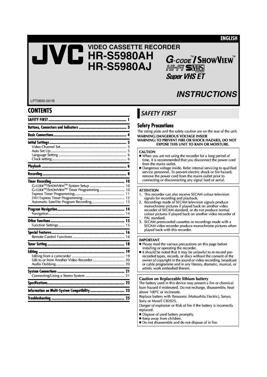 JVC HR-S5980AJ specifications Contents, Safety First, Safety Precautions, Caution on Replaceable lithium battery, English 