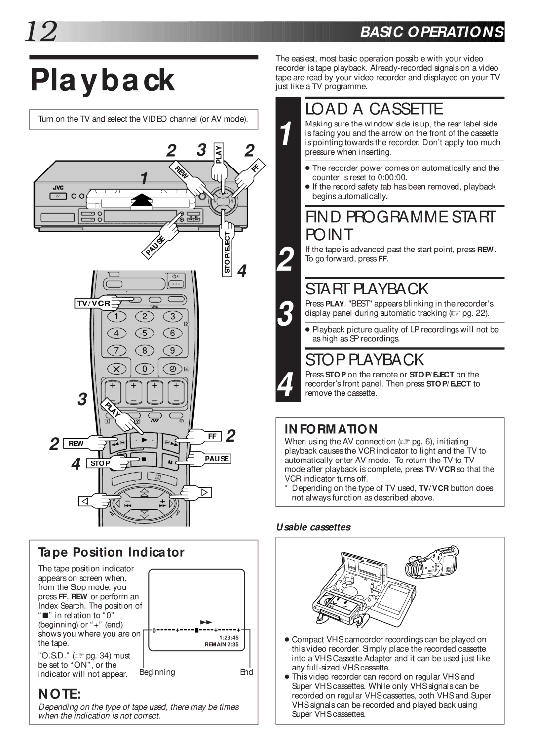 JVC HR-S6600EK setup guide Load a Cassette, Point, Start Playback, Stop Playback 