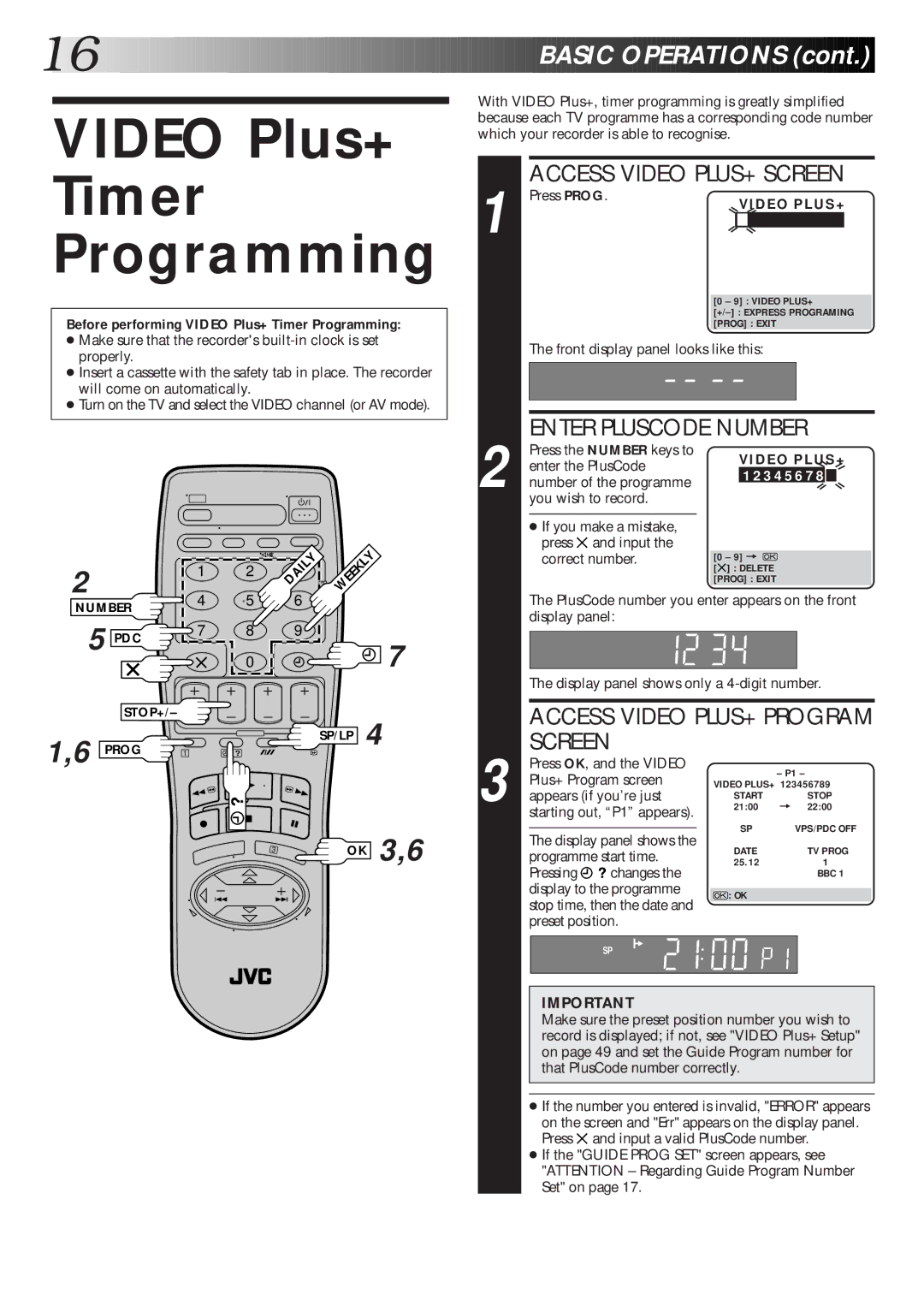 JVC HR-S6600EK setup guide Video Plus+ Timer Programming, Access Video PLUS+ Screen, Enter Pluscode Number 