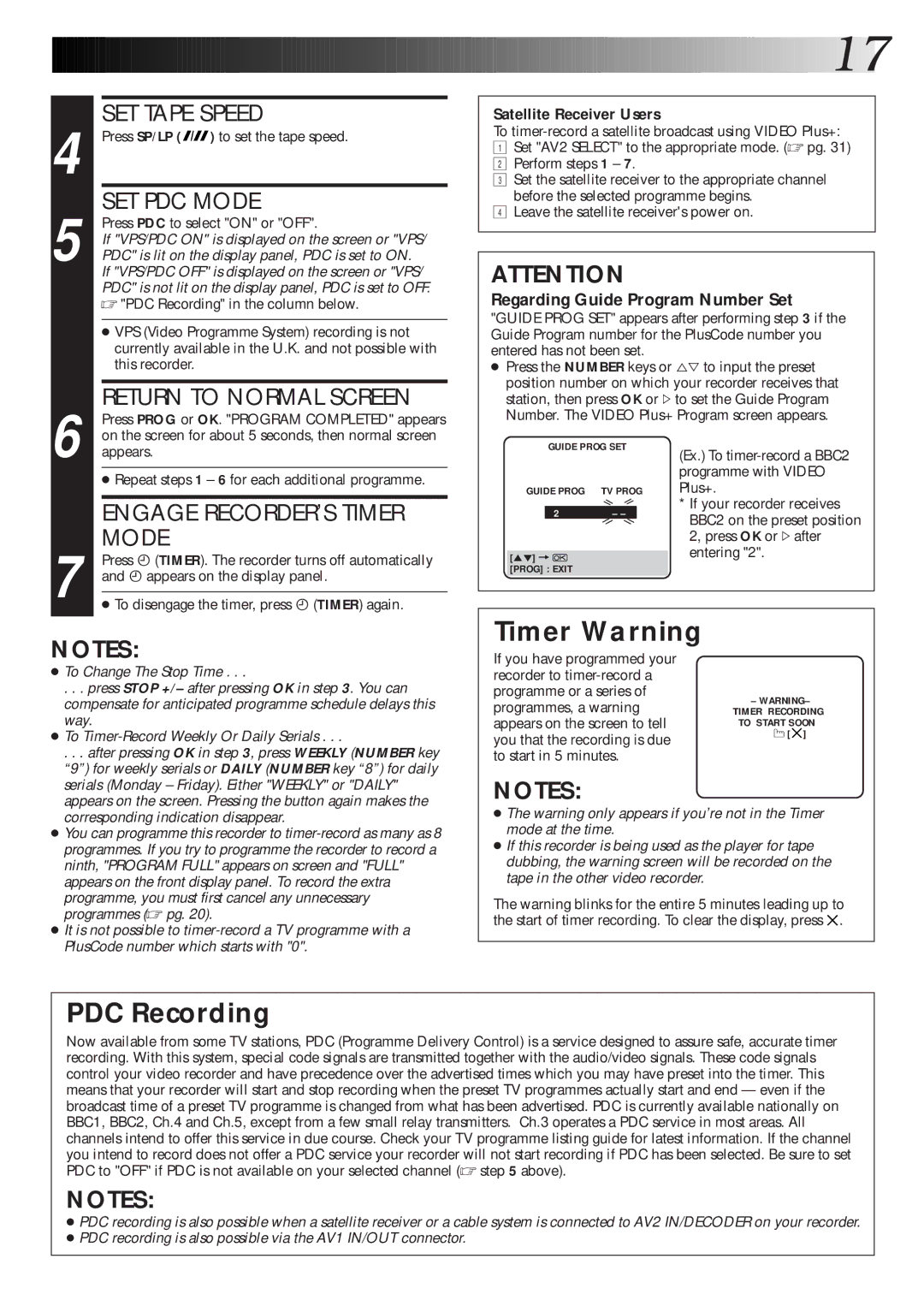 JVC HR-S6600EK setup guide Timer Warning, PDC Recording 