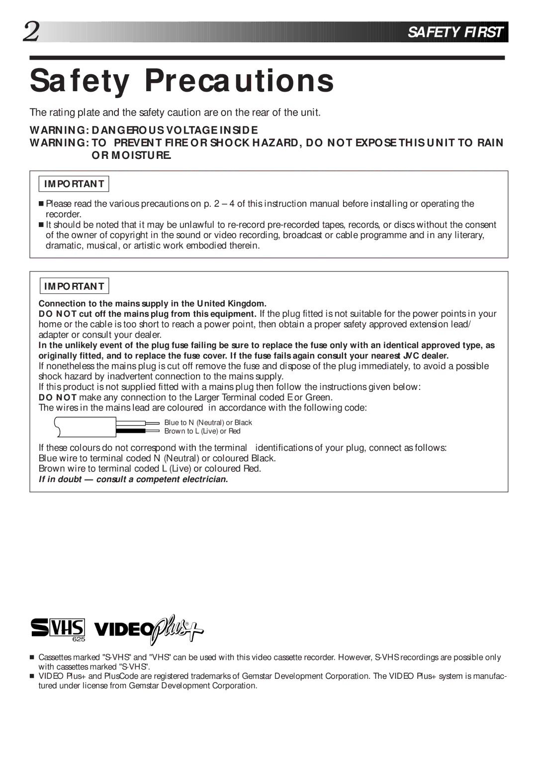 JVC HR-S6600EK setup guide Safety Precautions, Connection to the mains supply in the United Kingdom 