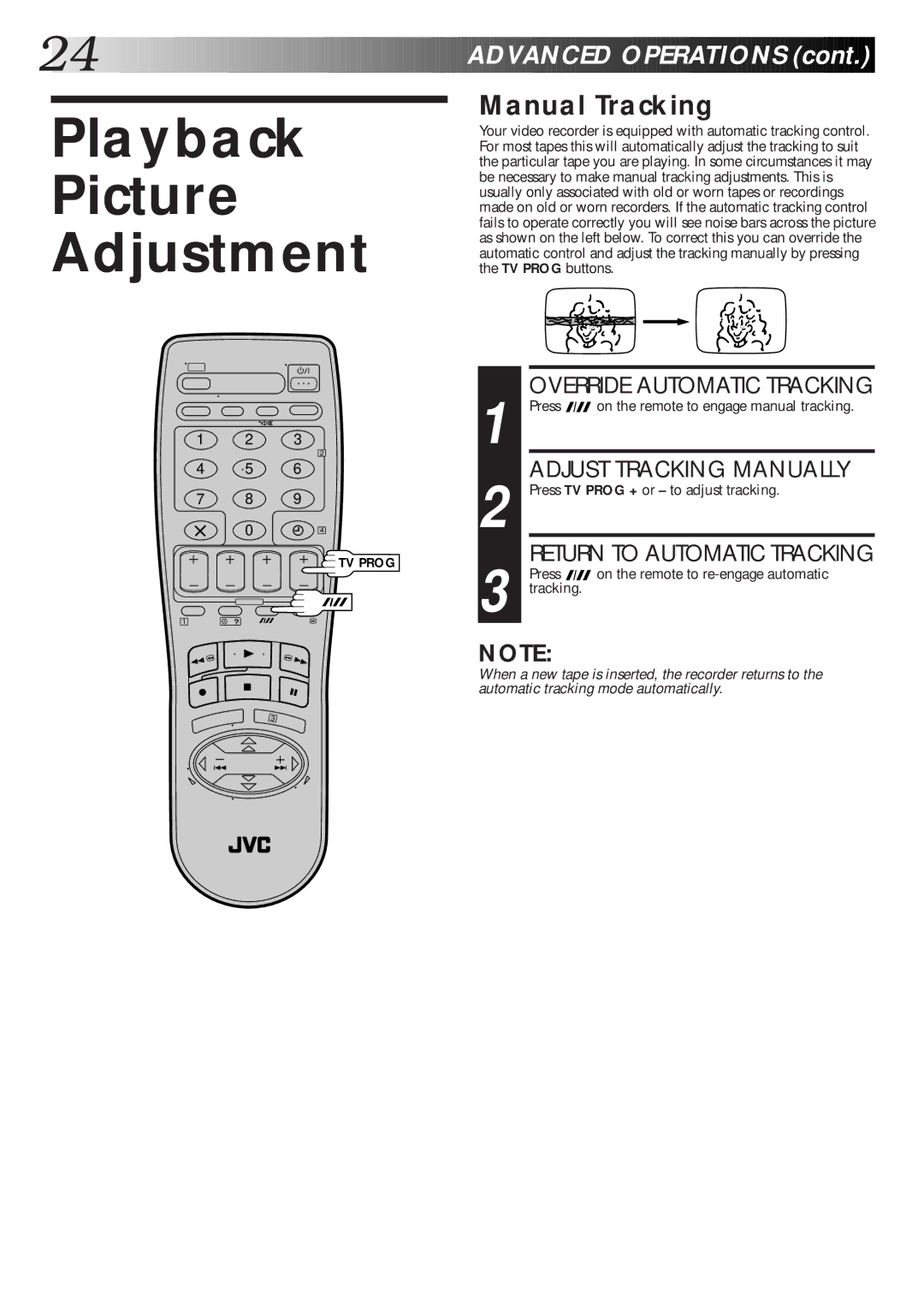 JVC HR-S6600EK Playback Picture Adjustment, Manual Tracking, Override Automatic Tracking, Adjust Tracking Manually 