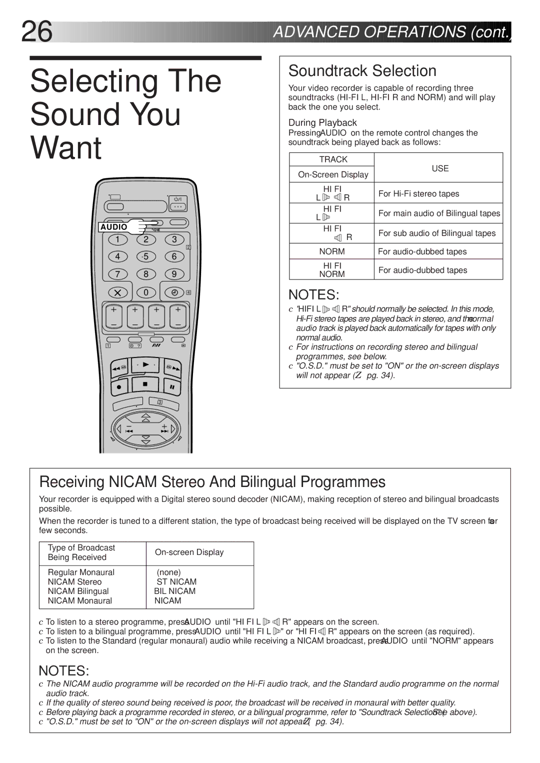 JVC HR-S6600EK setup guide Selecting Sound You Want, Soundtrack Selection, Receiving Nicam Stereo And Bilingual Programmes 