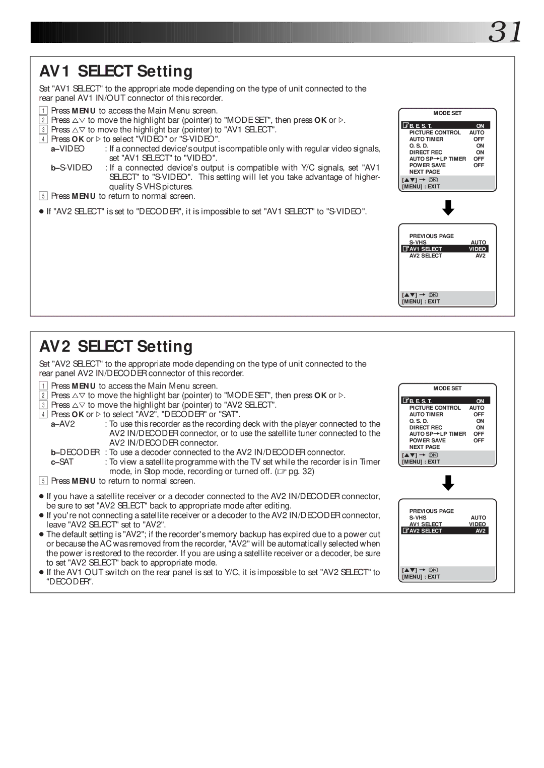 JVC HR-S6600EK setup guide AV1 Select Setting, AV2 Select Setting 