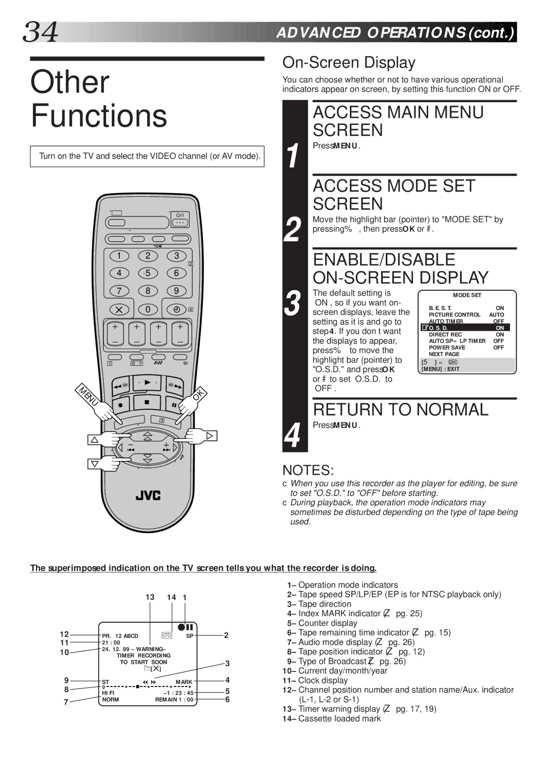 JVC HR-S6600EK setup guide Other Functions, ENABLE/DISABLE ON-SCREEN Display, On-Screen Display, 13 14 