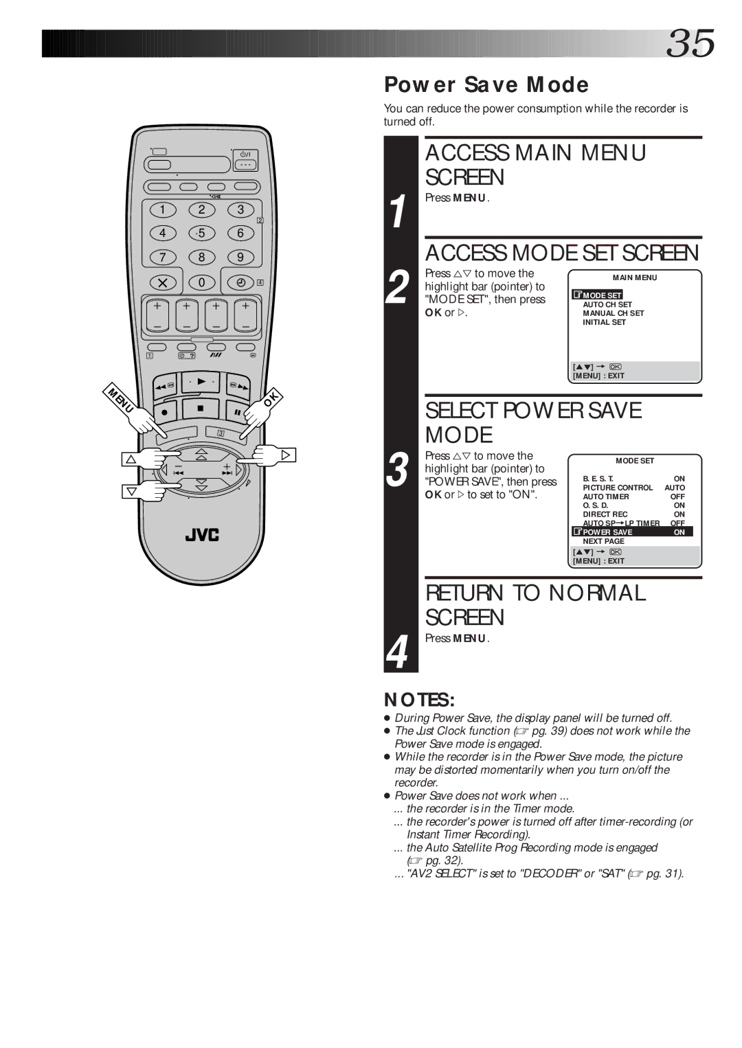 JVC HR-S6600EK setup guide Power Save Mode, Select Power Save, Power SAVE, then press 