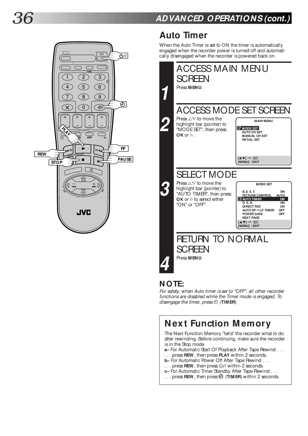 JVC HR-S6600EK setup guide Auto Timer, Next Function Memory 