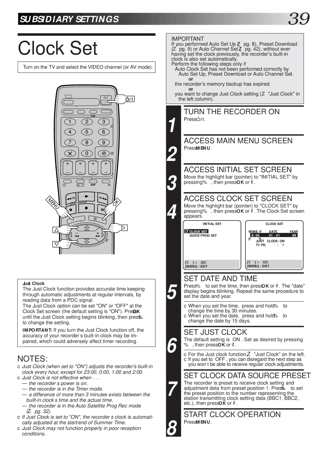 JVC HR-S6600EK setup guide Clock Set, Just Clock 