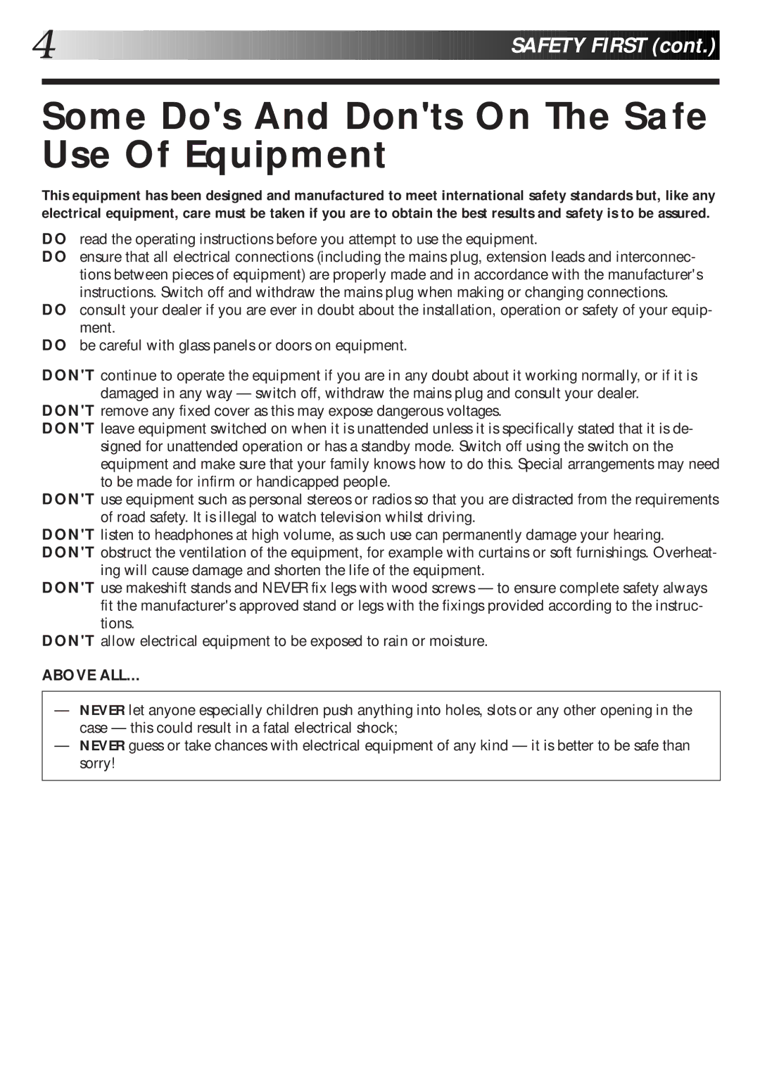 JVC HR-S6600EK setup guide Some Dos And Donts On The Safe Use Of Equipment 