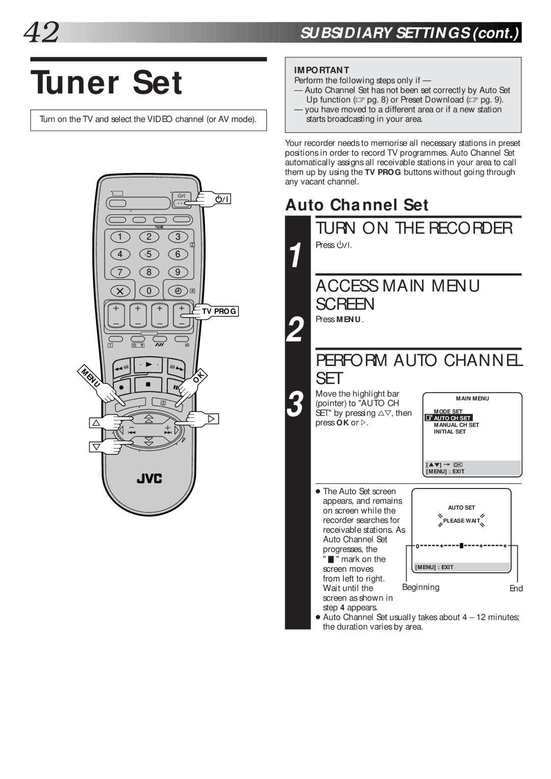 JVC HR-S6600EK setup guide Tuner Set, Perform Auto Channel SET, Auto Channel Set 