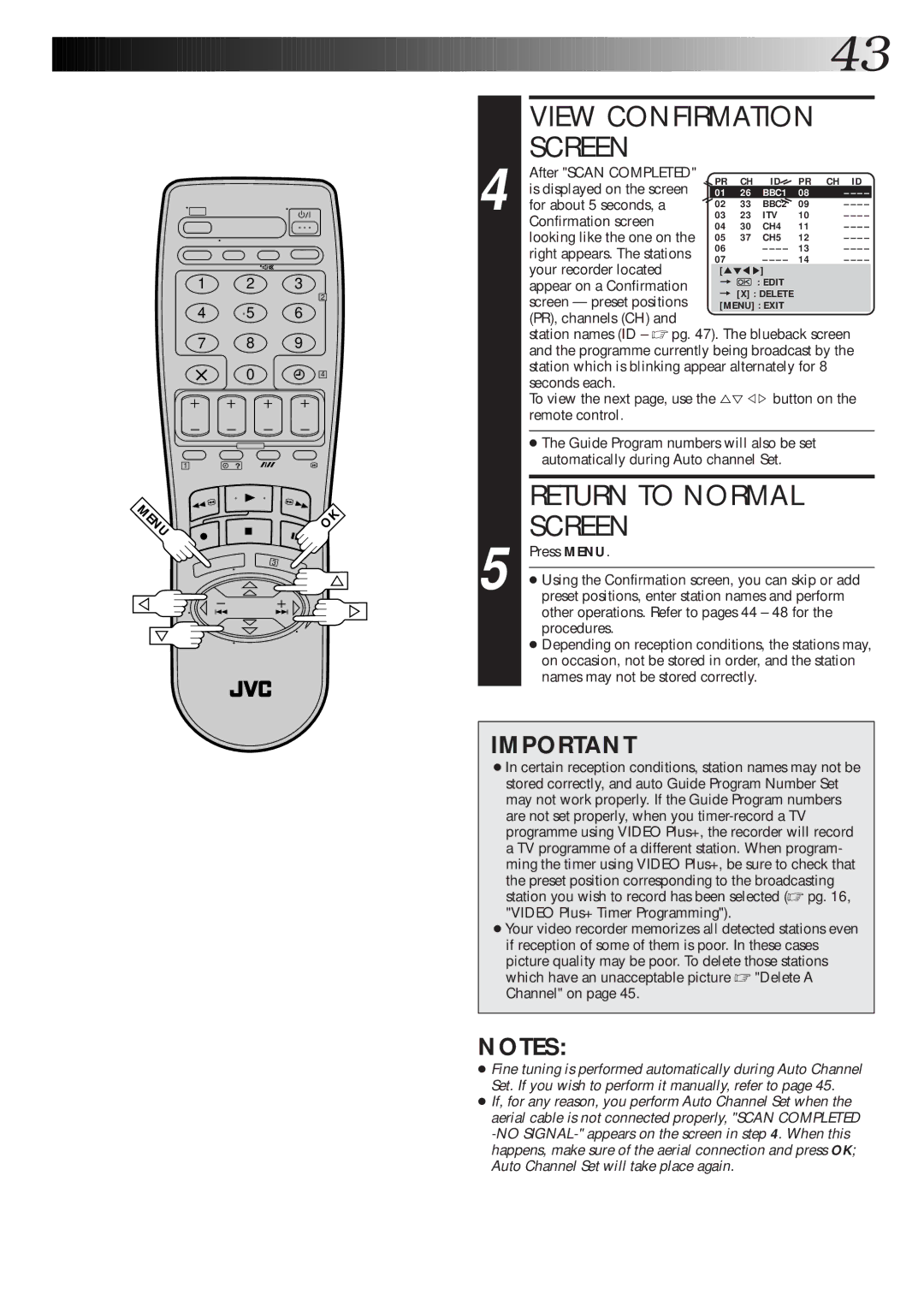 JVC HR-S6600EK After Scan Completed, Is displayed on the screen, For about 5 seconds, a, Confirmation screen, Procedures 