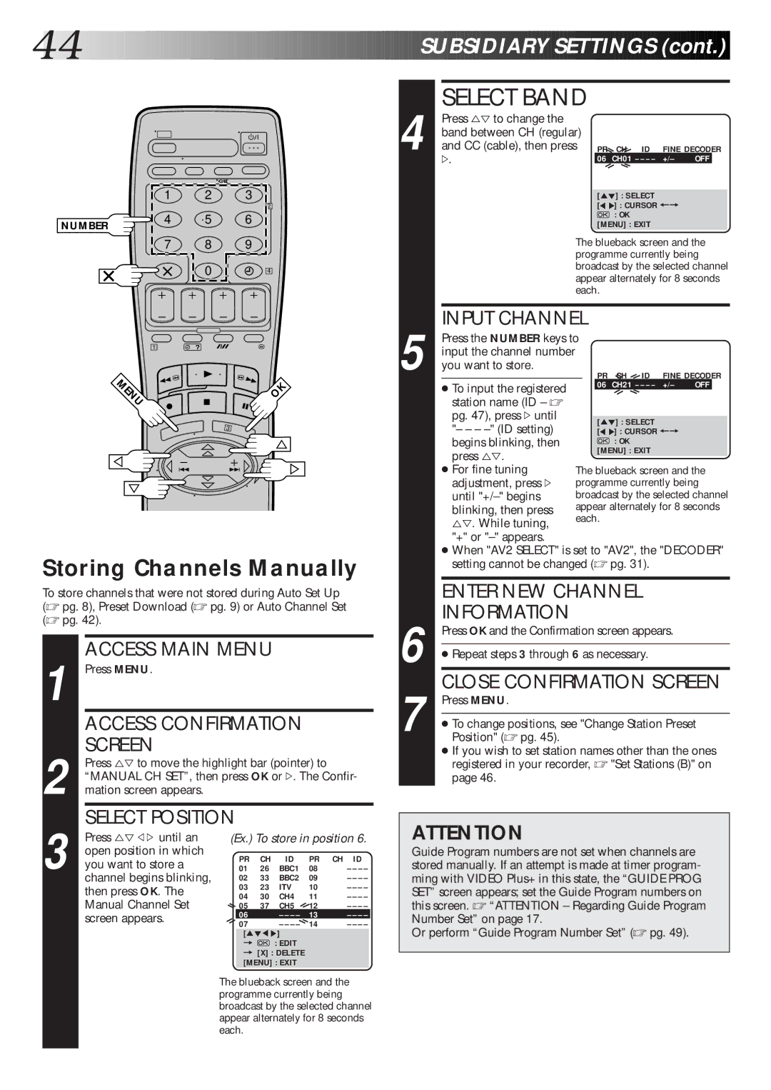 JVC HR-S6600EK setup guide Select Band, Storing Channels Manually, Input Channel, Enter NEW Channel Information 