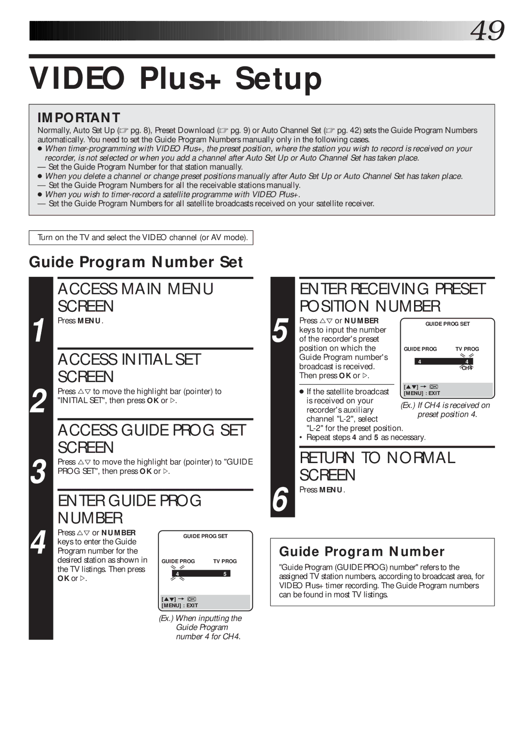 JVC HR-S6600EK setup guide Video Plus+ Setup, Guide Program Number Set 