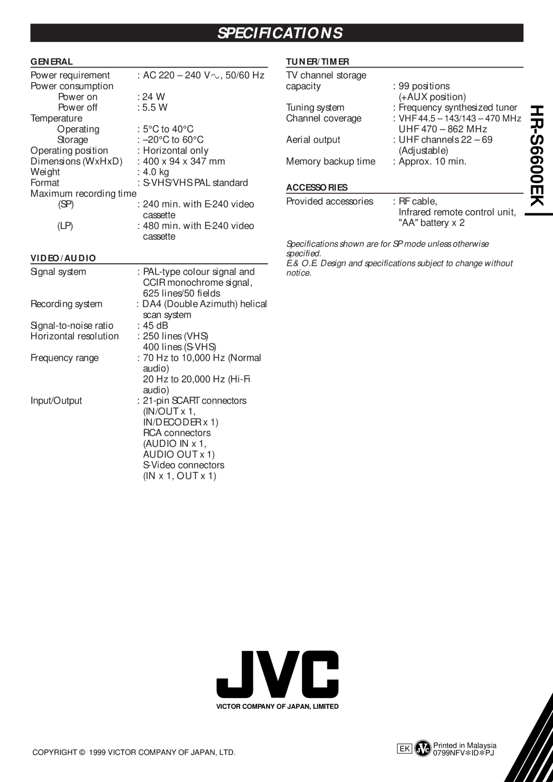 JVC HR-S6600EK setup guide Maximum recording time, DA4 Double Azimuth helical, VHF 44.5 143/143 470 MHz 