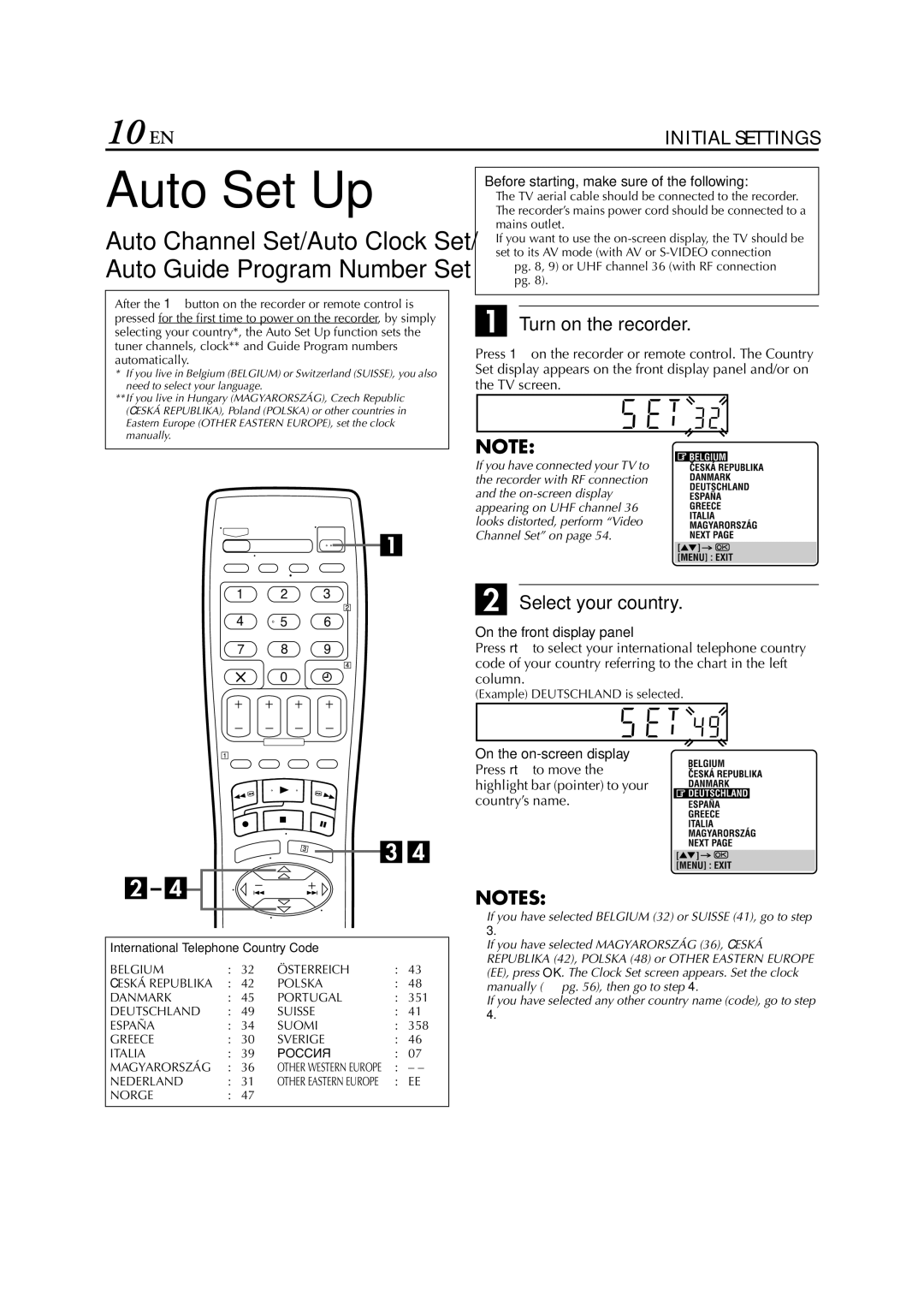 JVC HR-S6700EU specifications Auto Set Up, 10 EN, Turn on the recorder, Select your country 