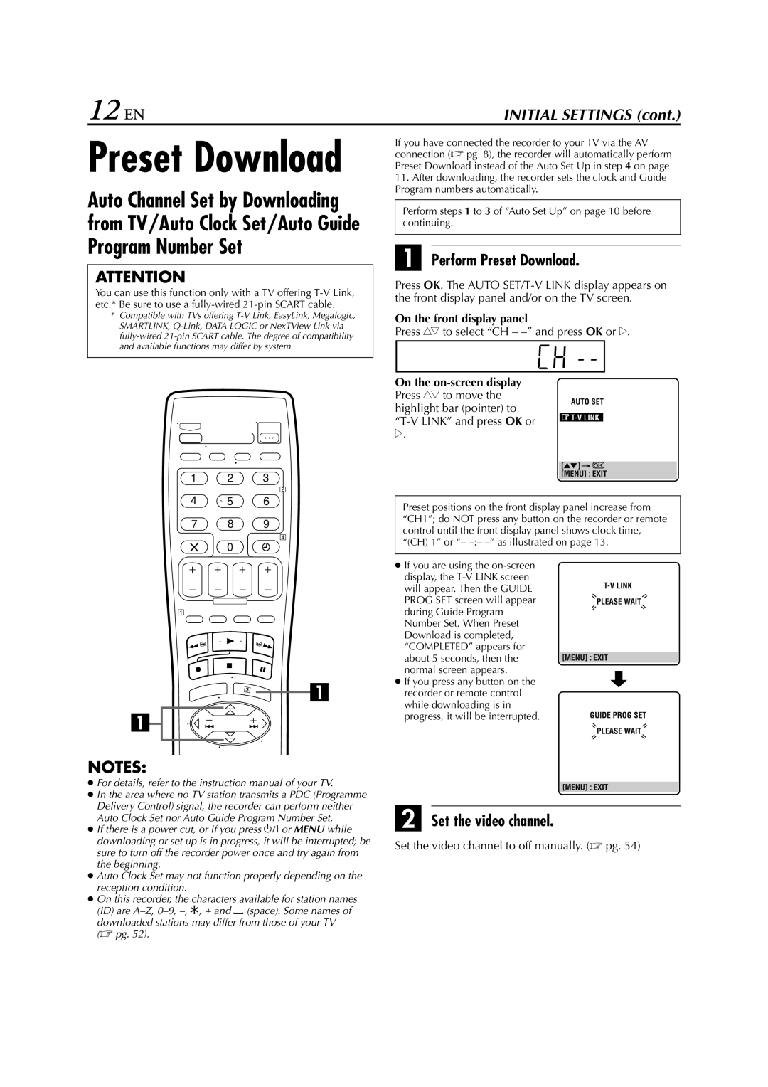 JVC HR-S6700EU 12 EN, Perform Preset Download, Set the video channel, Press rt to select CH - and press OK or e 