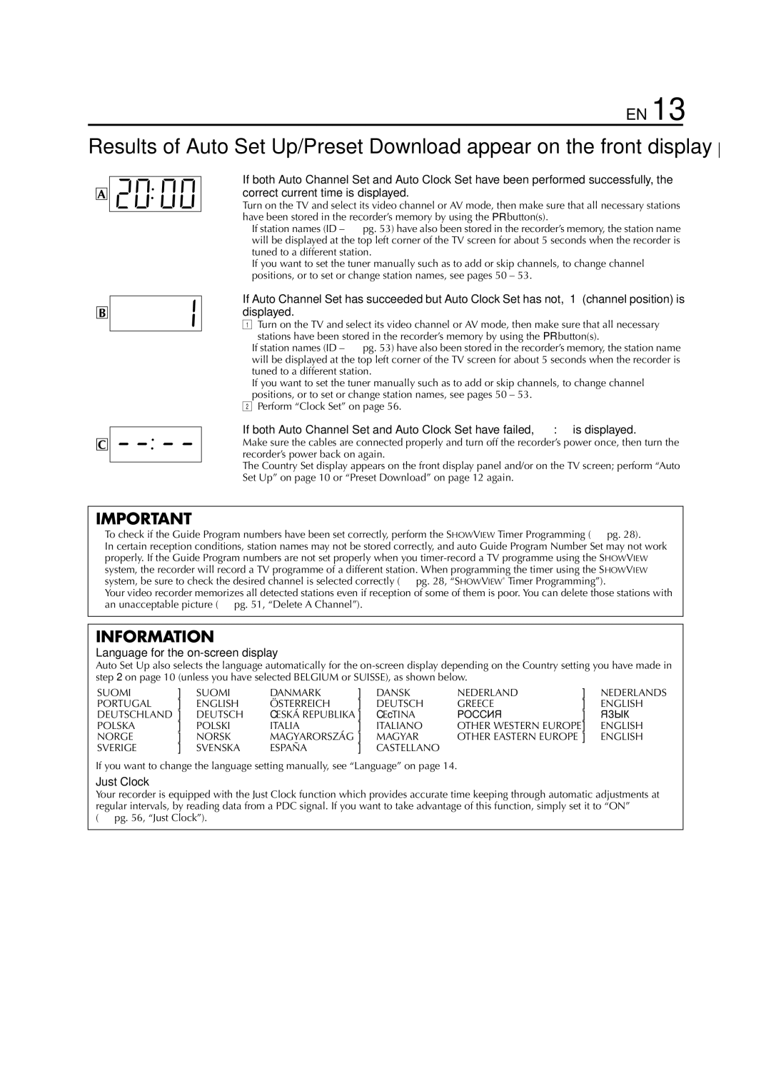 JVC HR-S6700EU specifications Language for the on-screen display, Just Clock 