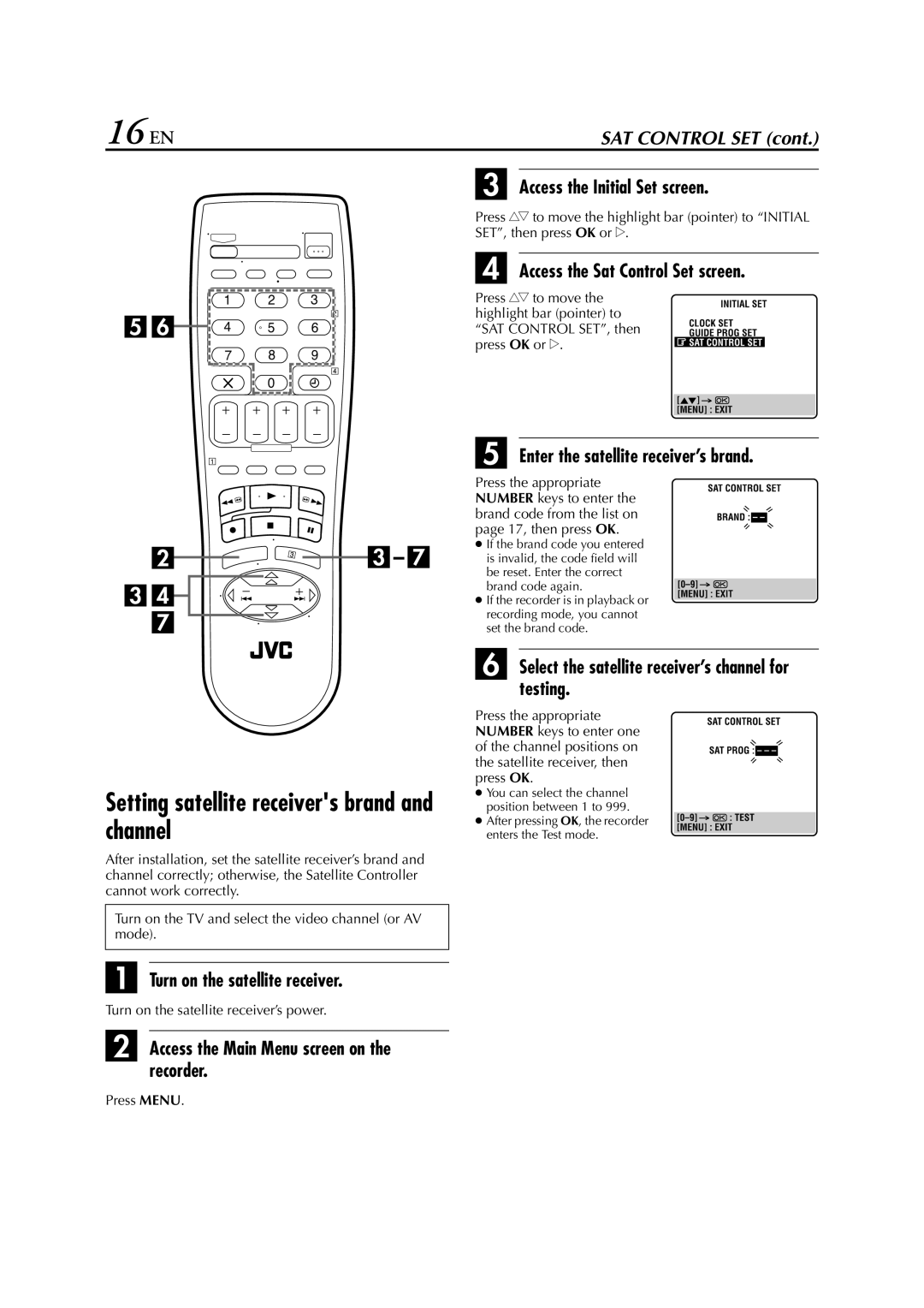 JVC HR-S6700EU specifications 16 EN, Setting satellite receivers brand and channel 