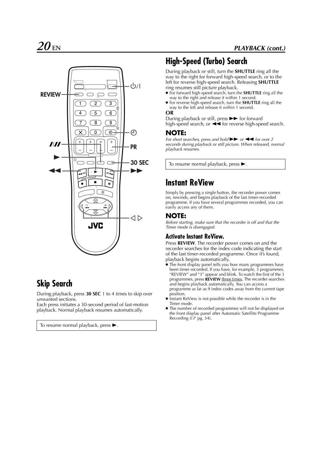 JVC HR-S6700EU specifications 20 EN, Skip Search, High-Speed Turbo Search, Activate Instant ReView 
